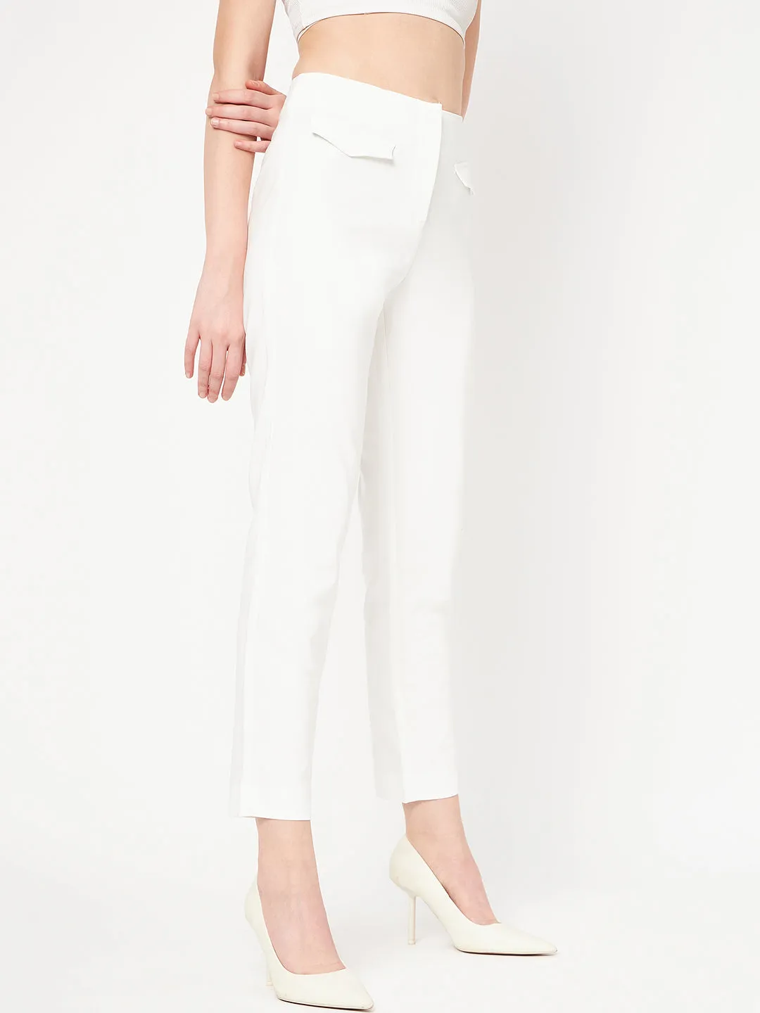 Minimalist Waist ErgonomicArticulatedDesign Madame White Solid Trouser