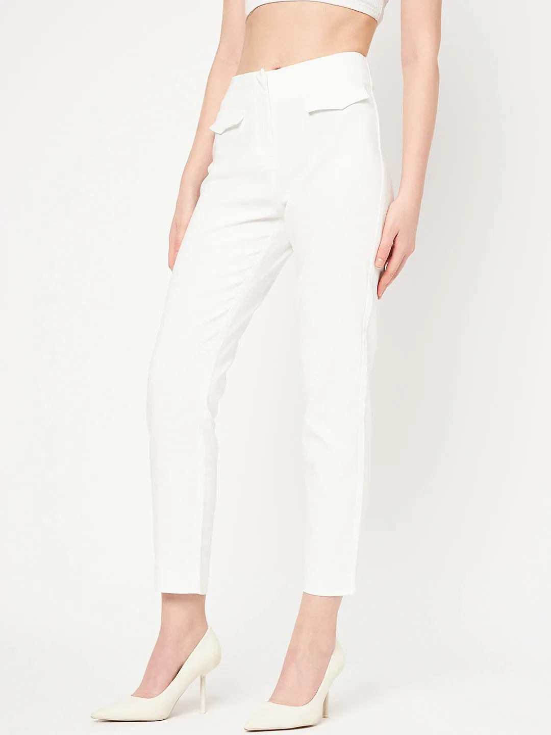 Madame White Solid Trouser Workout Ready