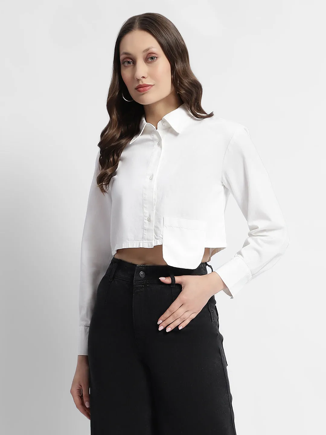 Autumn Look Effortless Style Madame White Front Flap Pocket Crop Shirt