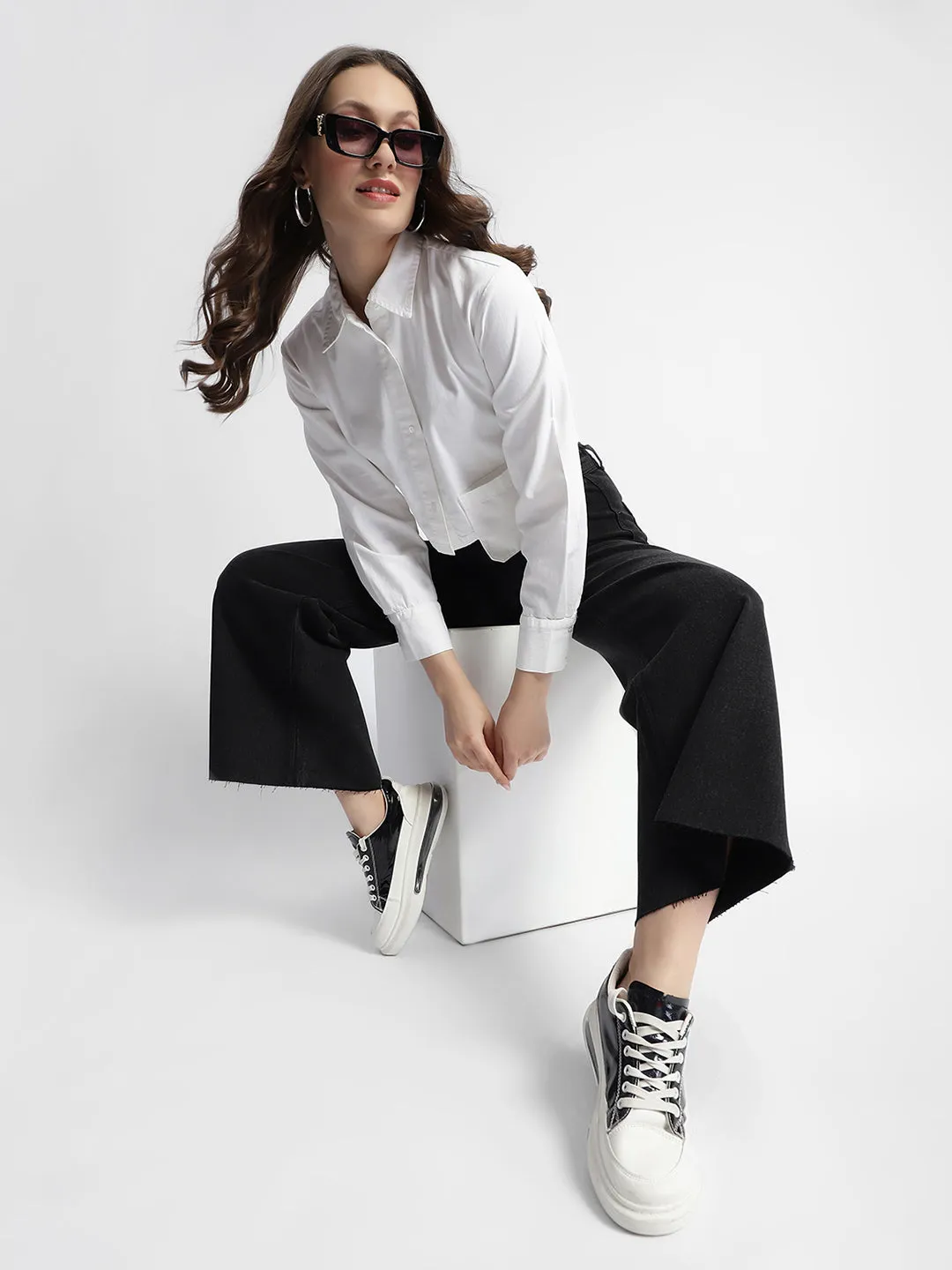 Madame White Front Flap Pocket Crop Shirt Anti Pilling Treatment