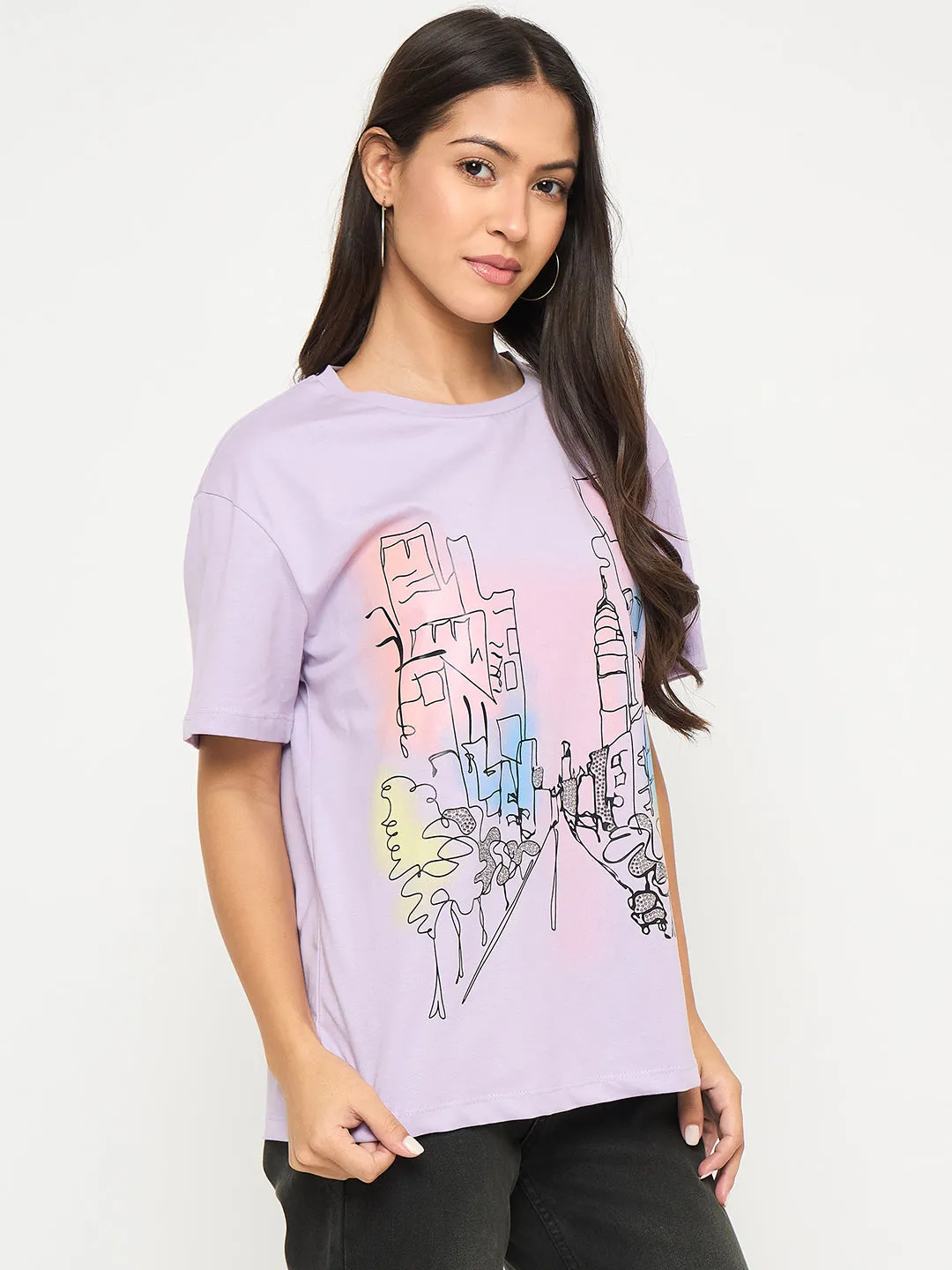 Madame Swarovski Detail Graphic Print Cotton Lilac T-shirt Bohemian