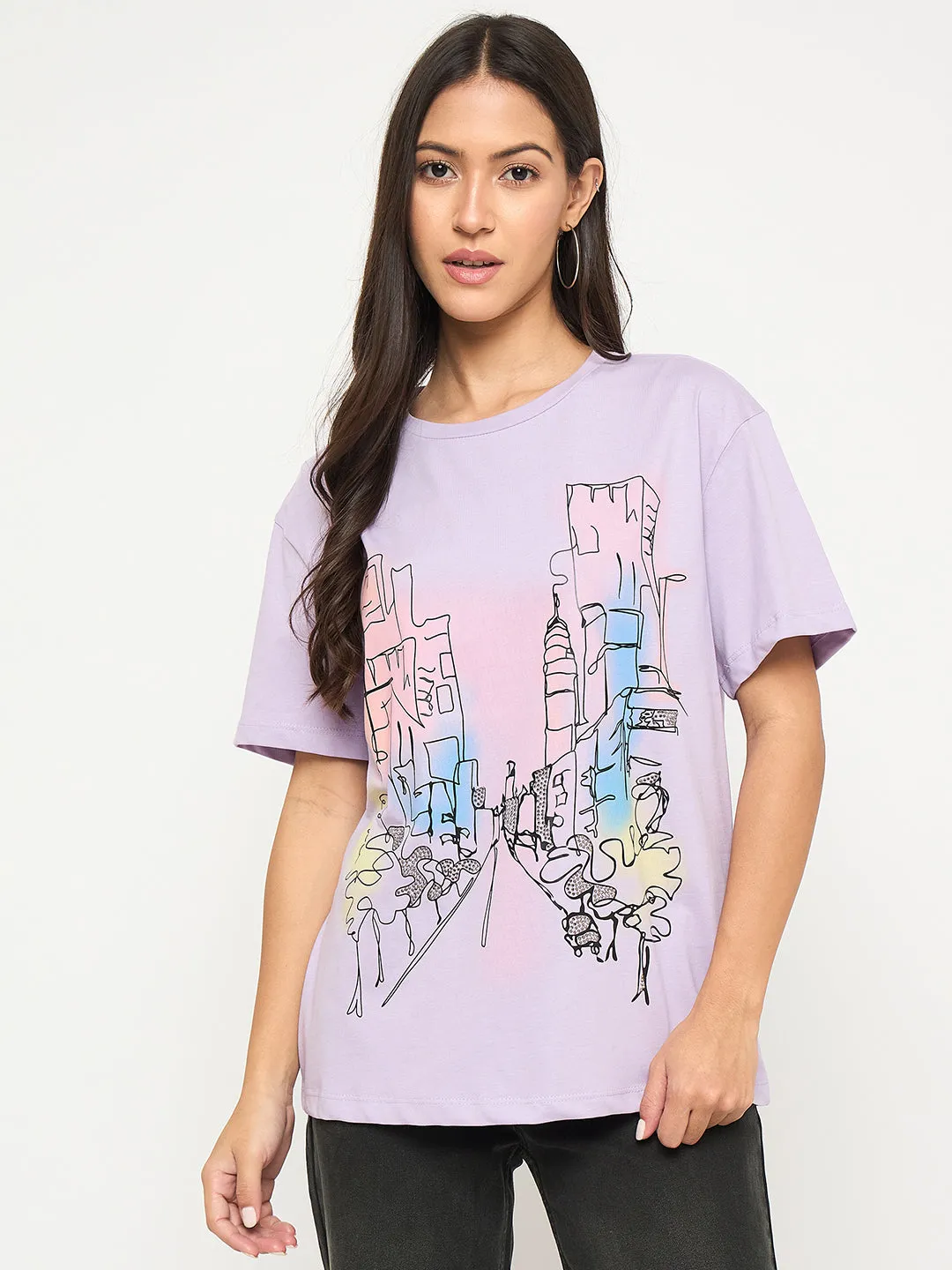 Slim Style Casual Flex Design Madame Swarovski Detail Graphic Print Cotton Lilac T-shirt