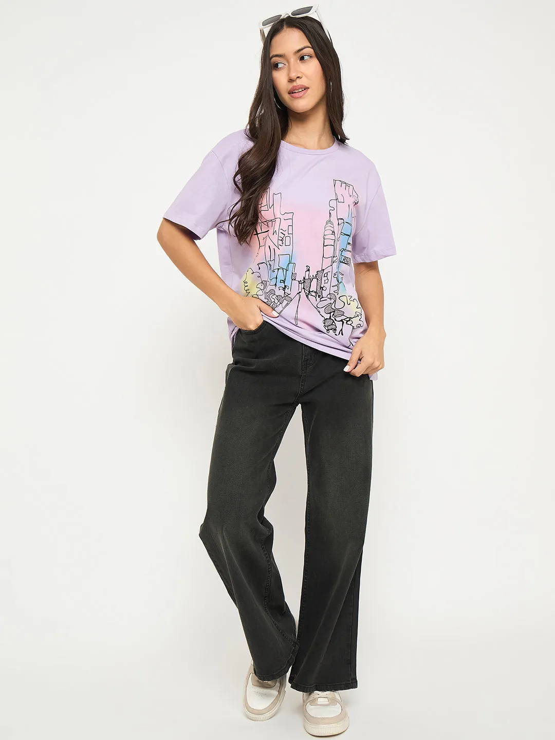 Non Restrictive Cut Madame Swarovski Detail Graphic Print Cotton Lilac T-shirt
