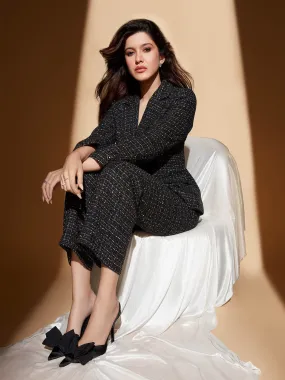 Madame Shanaya Kapoor Black Embellished Button Straight Fit Tweed Trousers StainResistantFinish