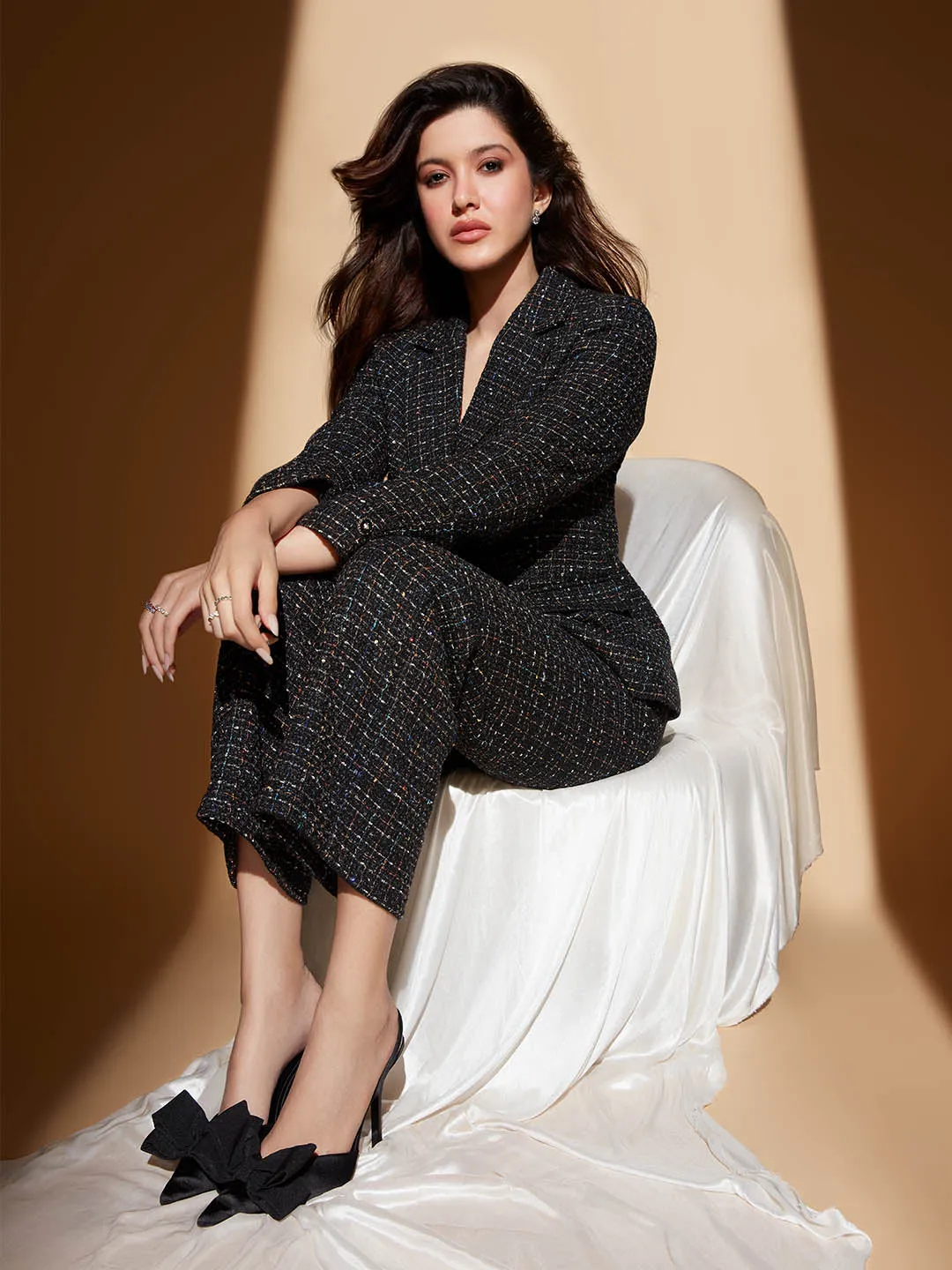 Madame Shanaya Kapoor Black Embellished Button Straight Fit Tweed Trousers StainResistantFinish