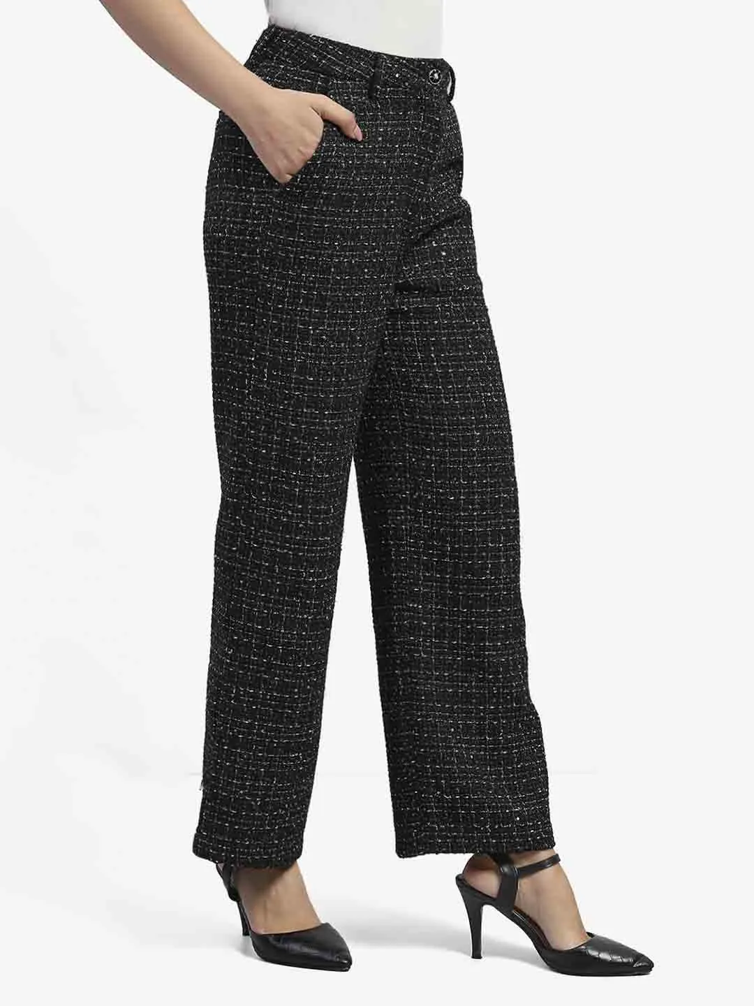 Eco Friendly Dye Madame Shanaya Kapoor Black Embellished Button Straight Fit Tweed Trousers