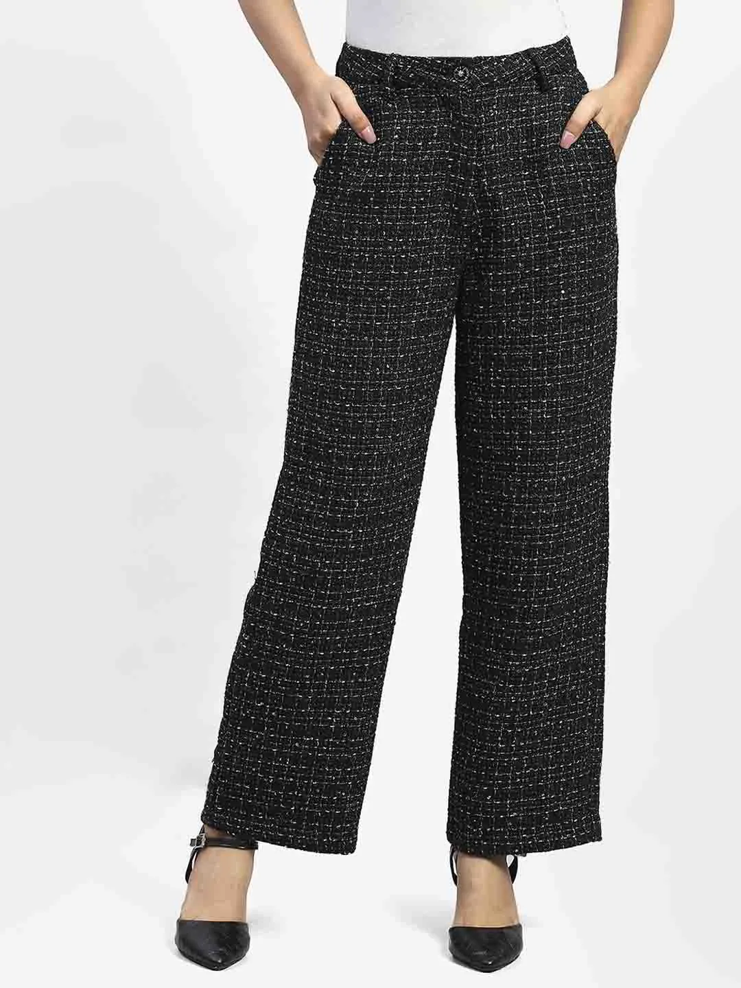 Madame Shanaya Kapoor Black Embellished Button Straight Fit Tweed Trousers Sport Wear Fit