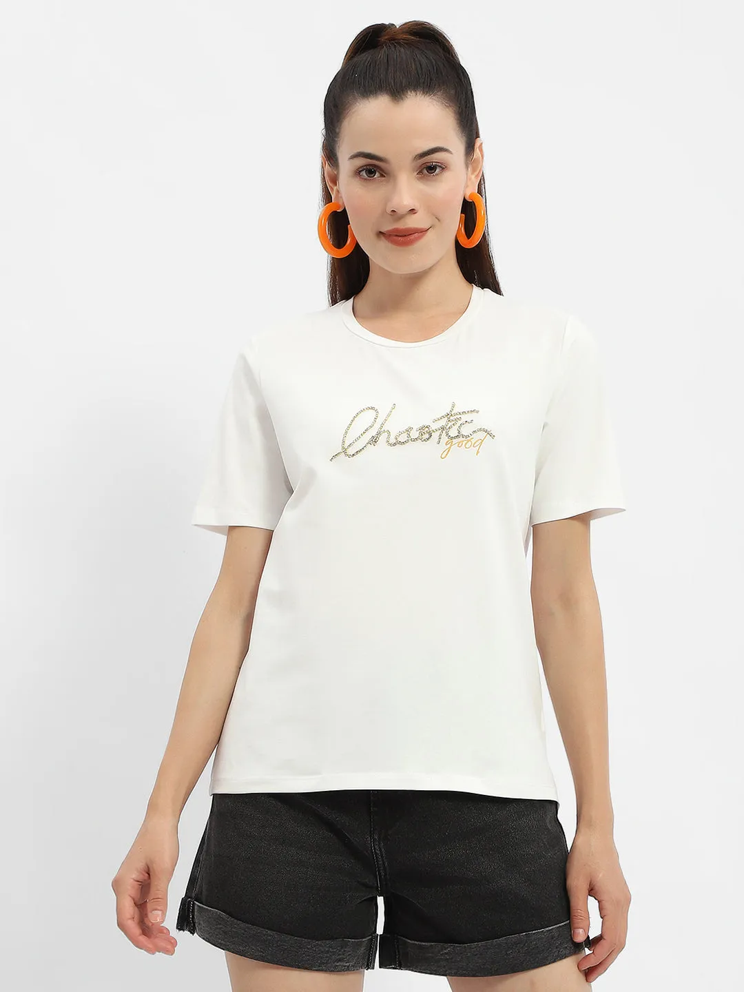Madame Typography White Crew Neck T-Shirt Micro Perforation