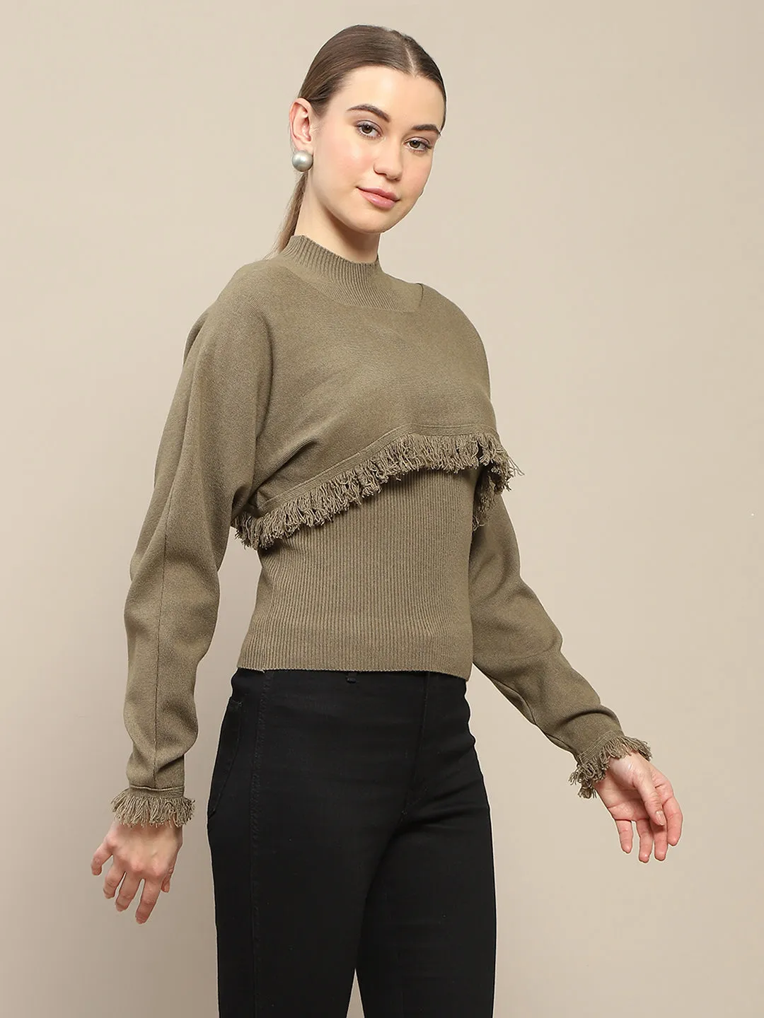 Soft Touch Texture Madame Front Ripped Full Sleeve Olive Sweater