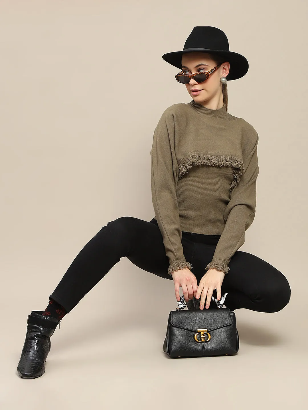 Cozy Active Moisture wicking Madame Front Ripped Full Sleeve Olive Sweater