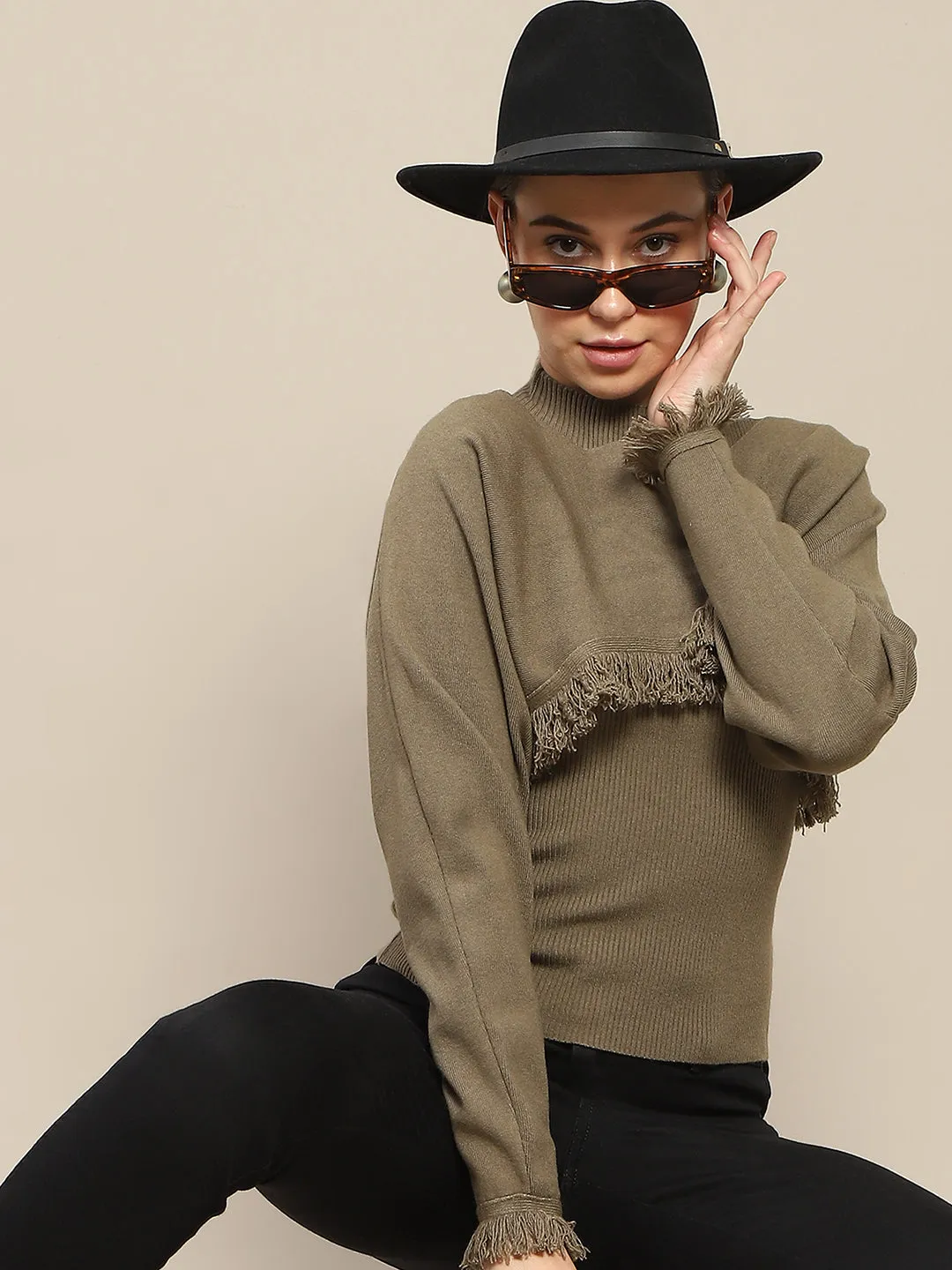 Madame Front Ripped Full Sleeve Olive Sweater Light Flex Fit