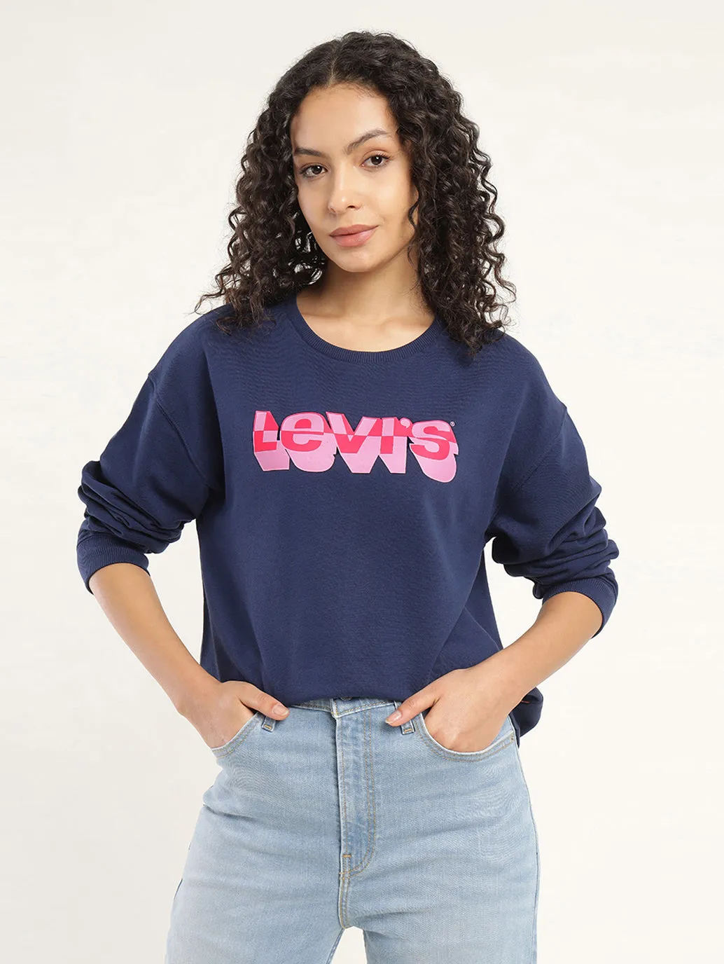 Women's Brand Logo Navy Crew Neck Sweatshirt Essential Wear