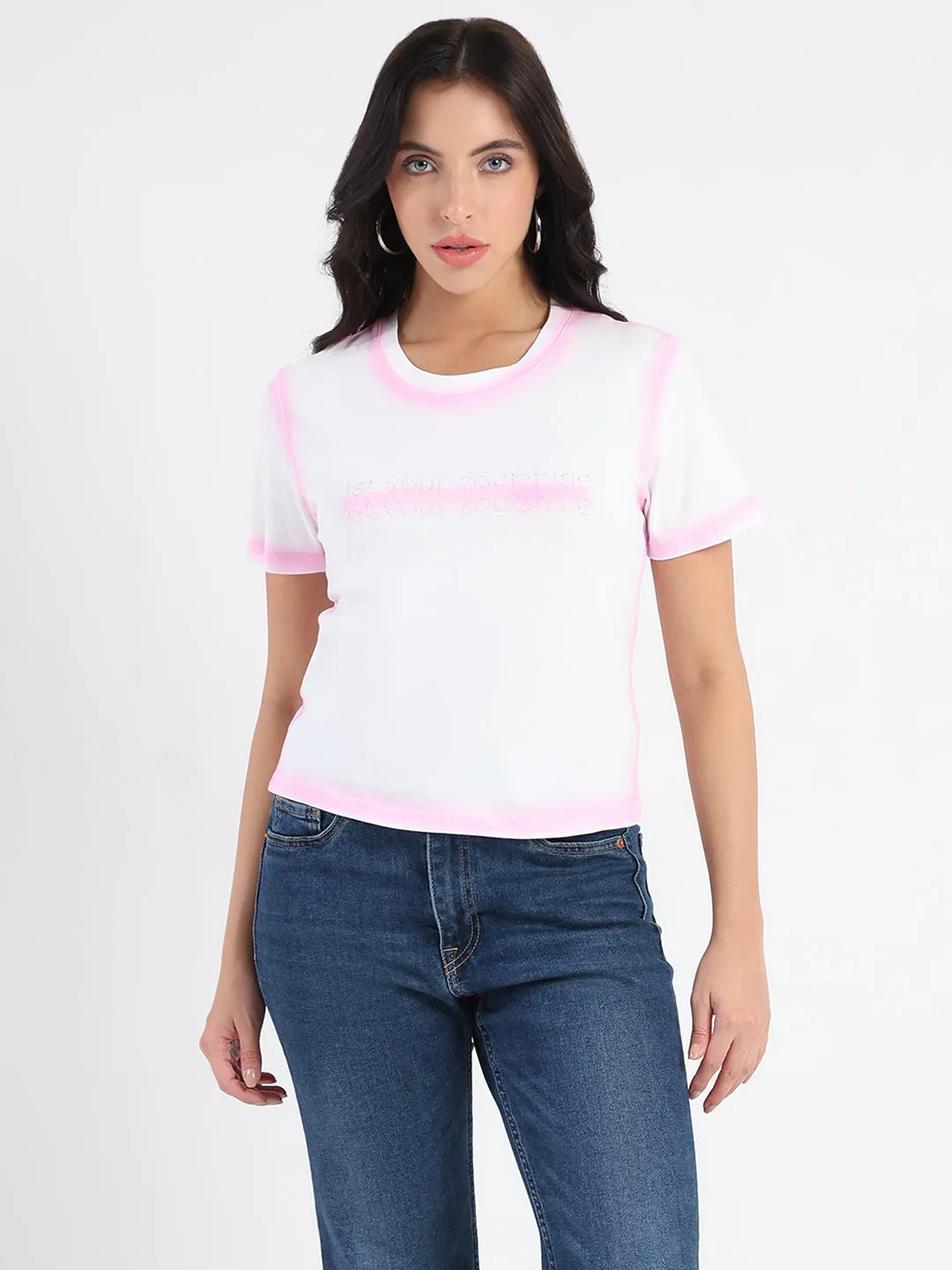 Easy Fit Wear Casual Comfort Wear Madame Spray Painted Embellished Pink Cotton Crop T-shirt