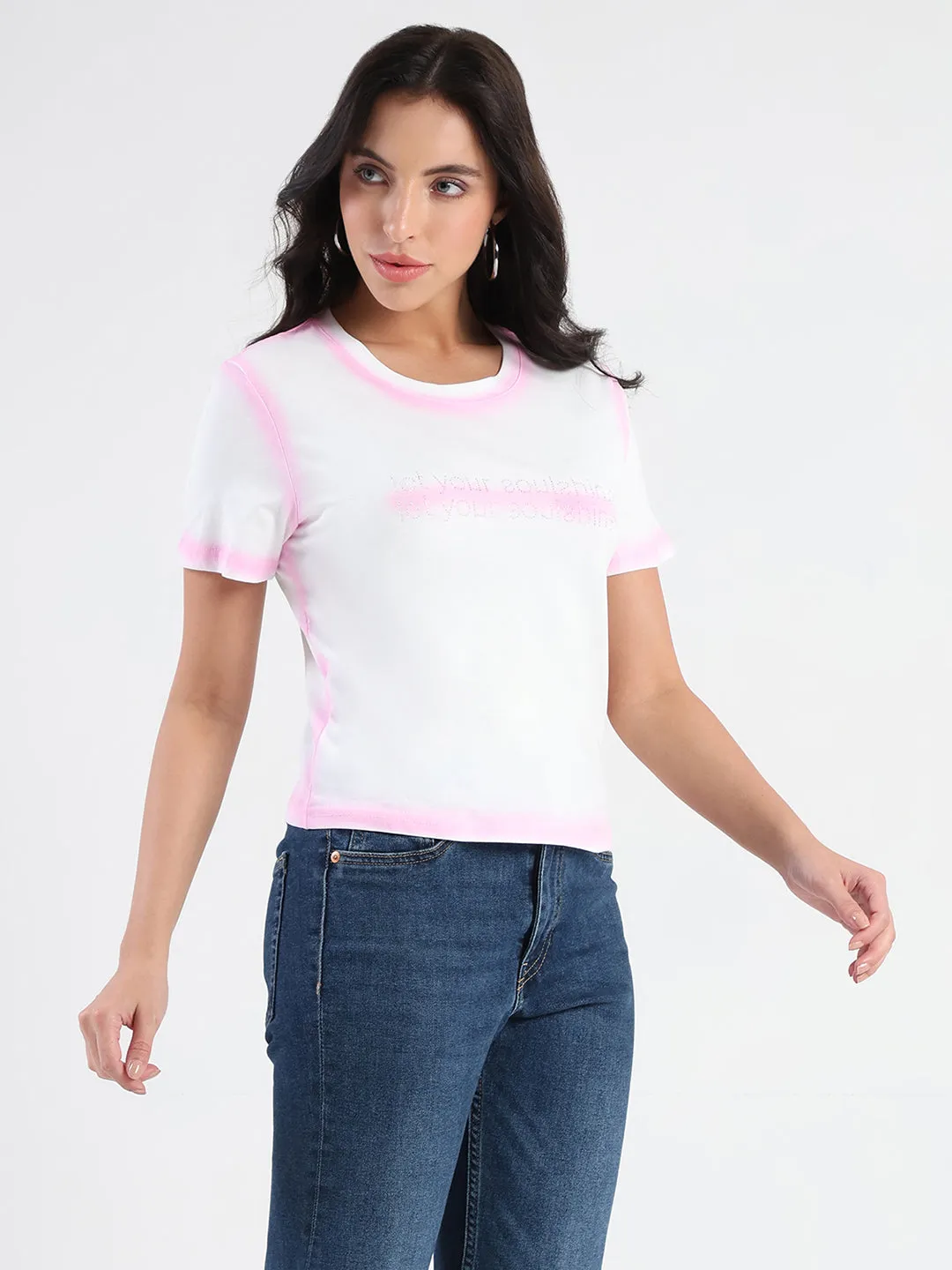 Madame Spray Painted Embellished Pink Cotton Crop T-shirt Garment Dyed Finish