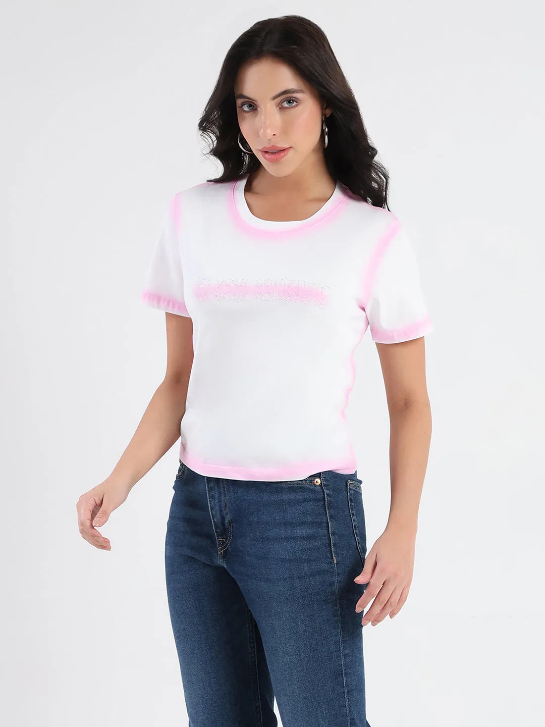 Premium Cotton Elderly clothing Madame Spray Painted Embellished Pink Cotton Crop T-shirt