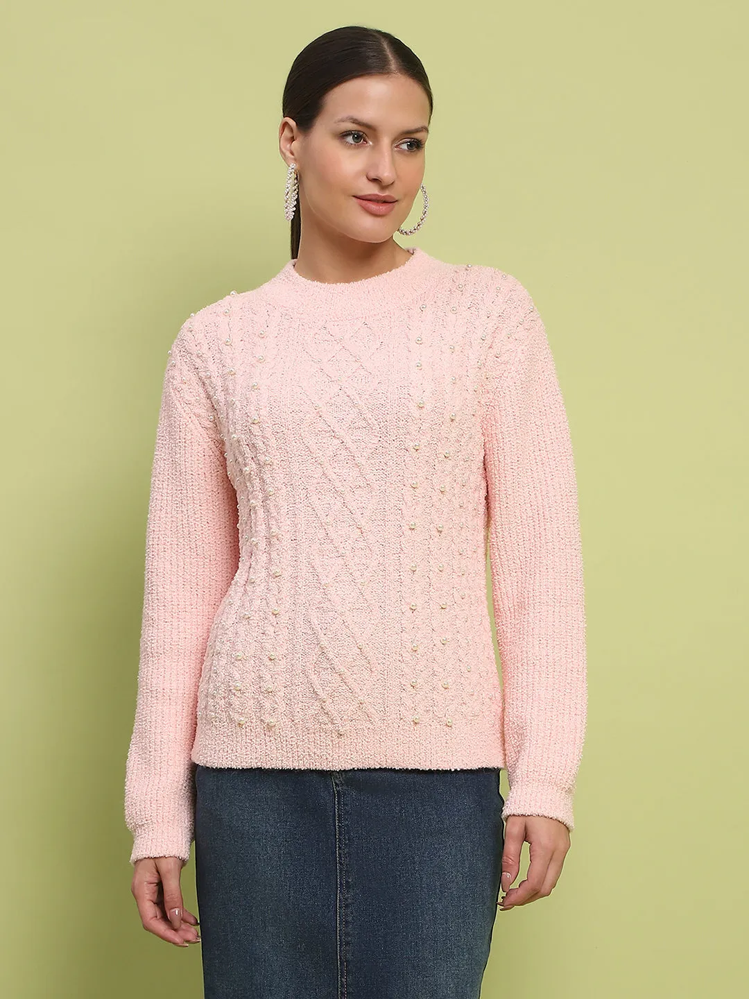 Casual Essentials Versatile Look Madame Cable Knit Full Sleeve Peach Sweater