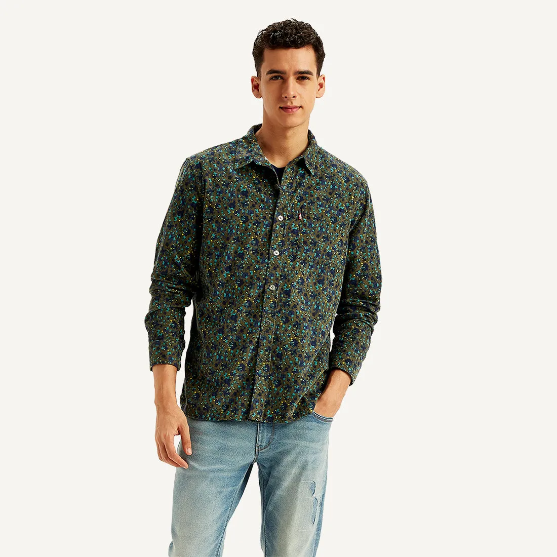 Men's Floral Print Slim Fit Shirt Multi Layer Stitching