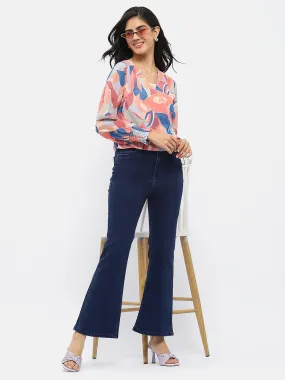 Winter Warmth Student Outfit Textured Fashion Comfort Madame Solid Blue Flared Denim Jeans