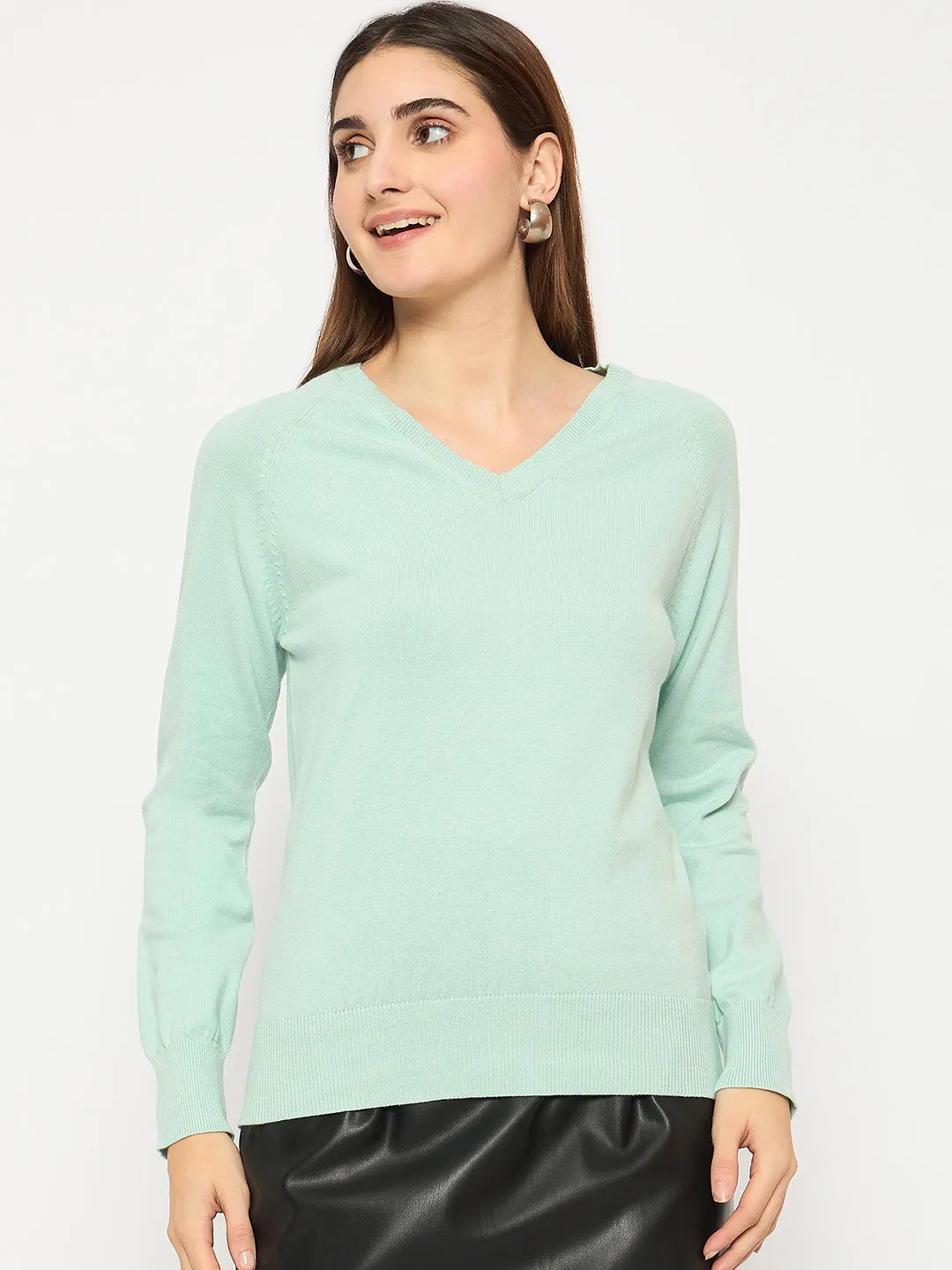 Madame V Neck Skinny Fit Mint Green Sweater Cold Weather Look Fashion Knit Layer