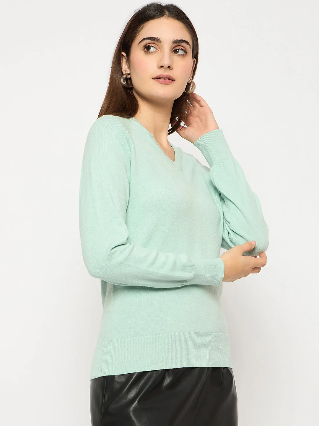 Madame V Neck Skinny Fit Mint Green Sweater Cozy Layer Fit Layered Comfort Wear