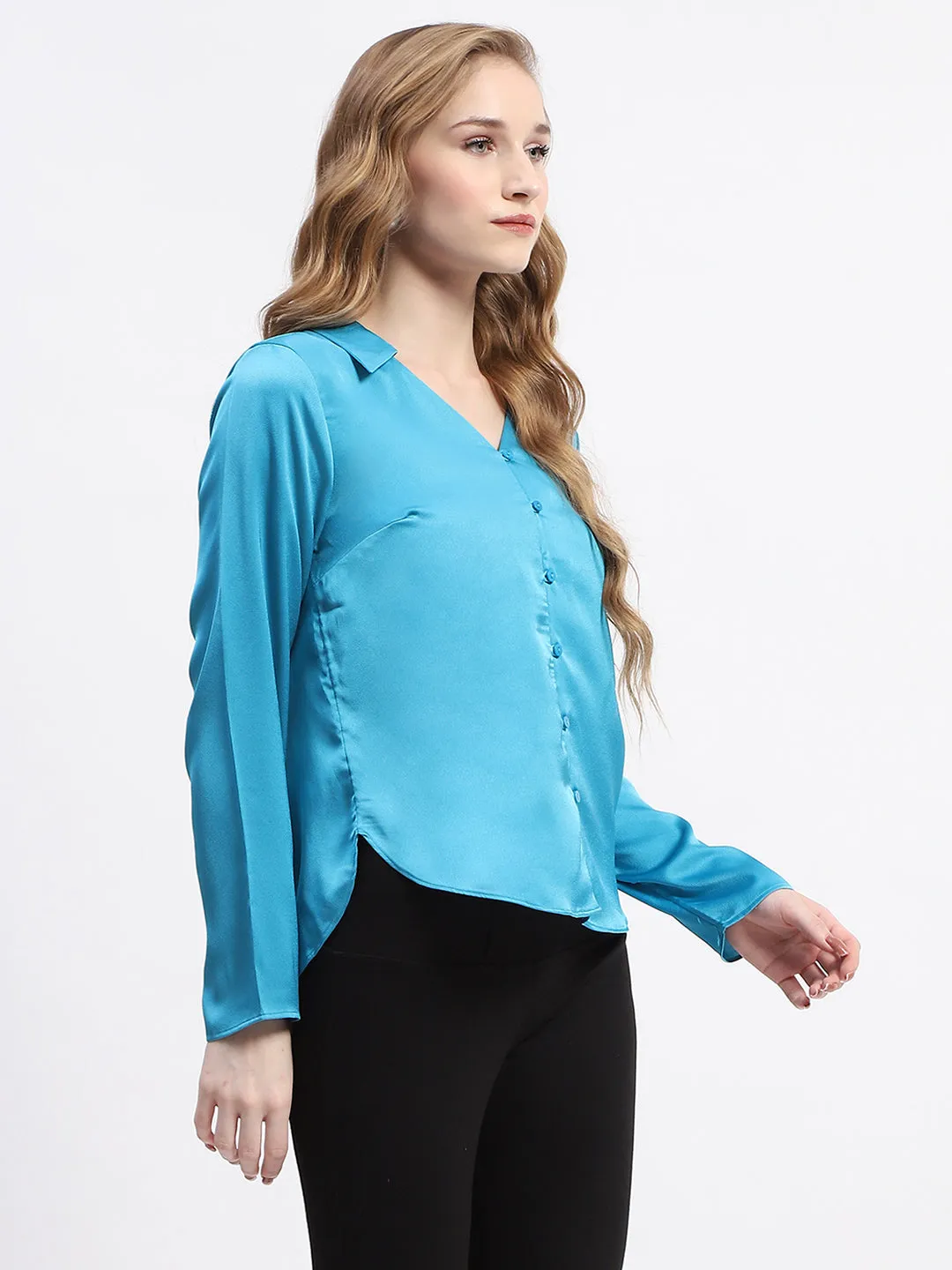 Wrinkle-Resistant Madame Satin Bell Sleeve Collared Solid Blue Top