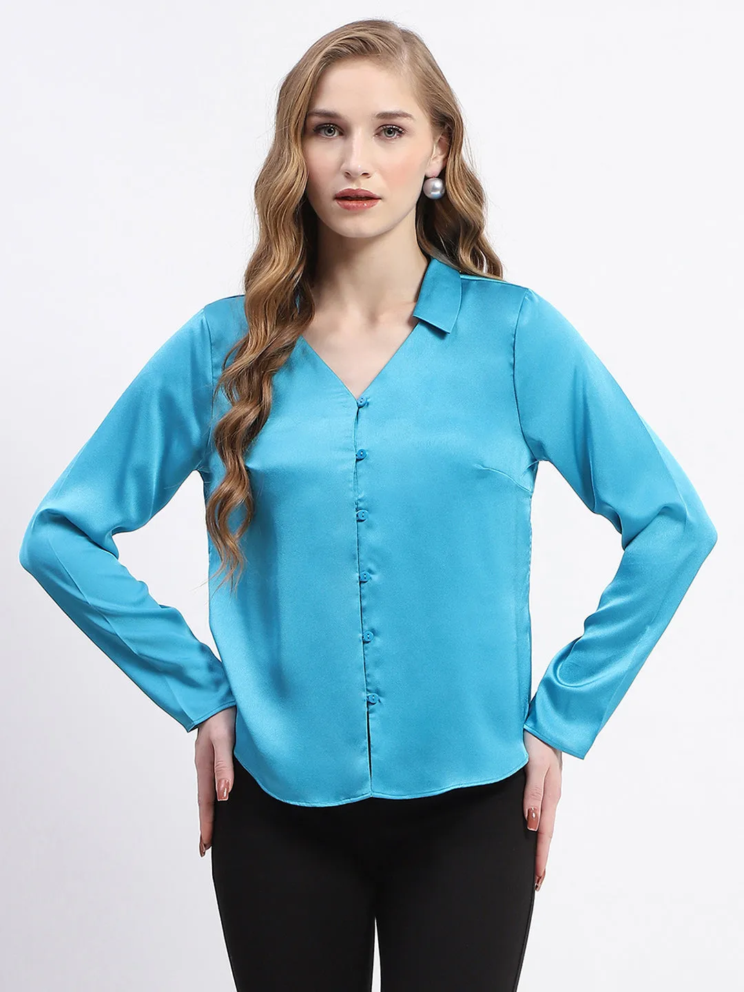 Madame Satin Bell Sleeve Collared Solid Blue Top Trendsetting Reinforced Hems