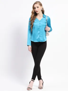 Breathable Fit Non Irritating Seams Madame Satin Bell Sleeve Collared Solid Blue Top