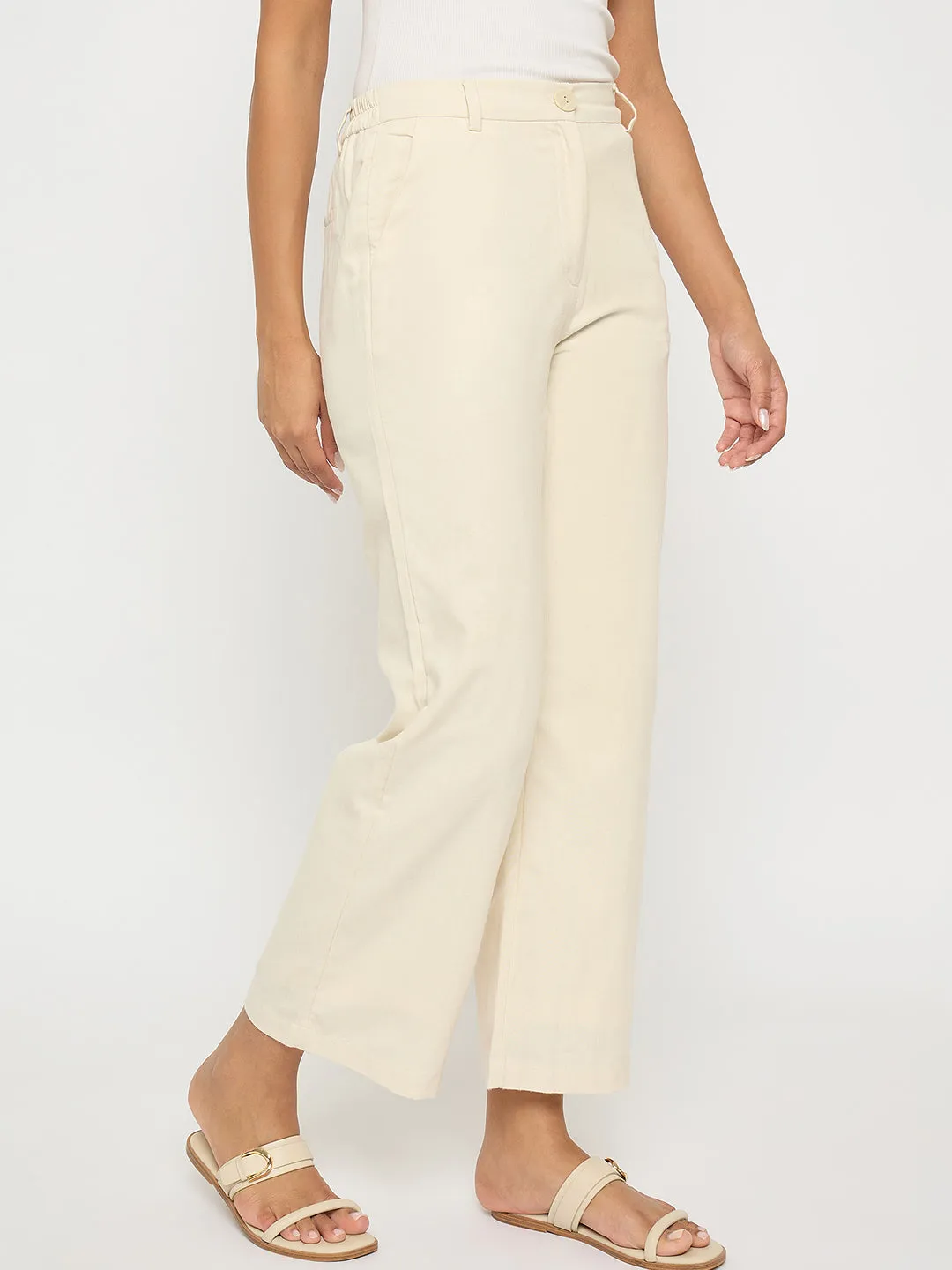 Classy Fit Anti Static Lining Madame Solid Wide Leg Off White Rayon Blend Trousers