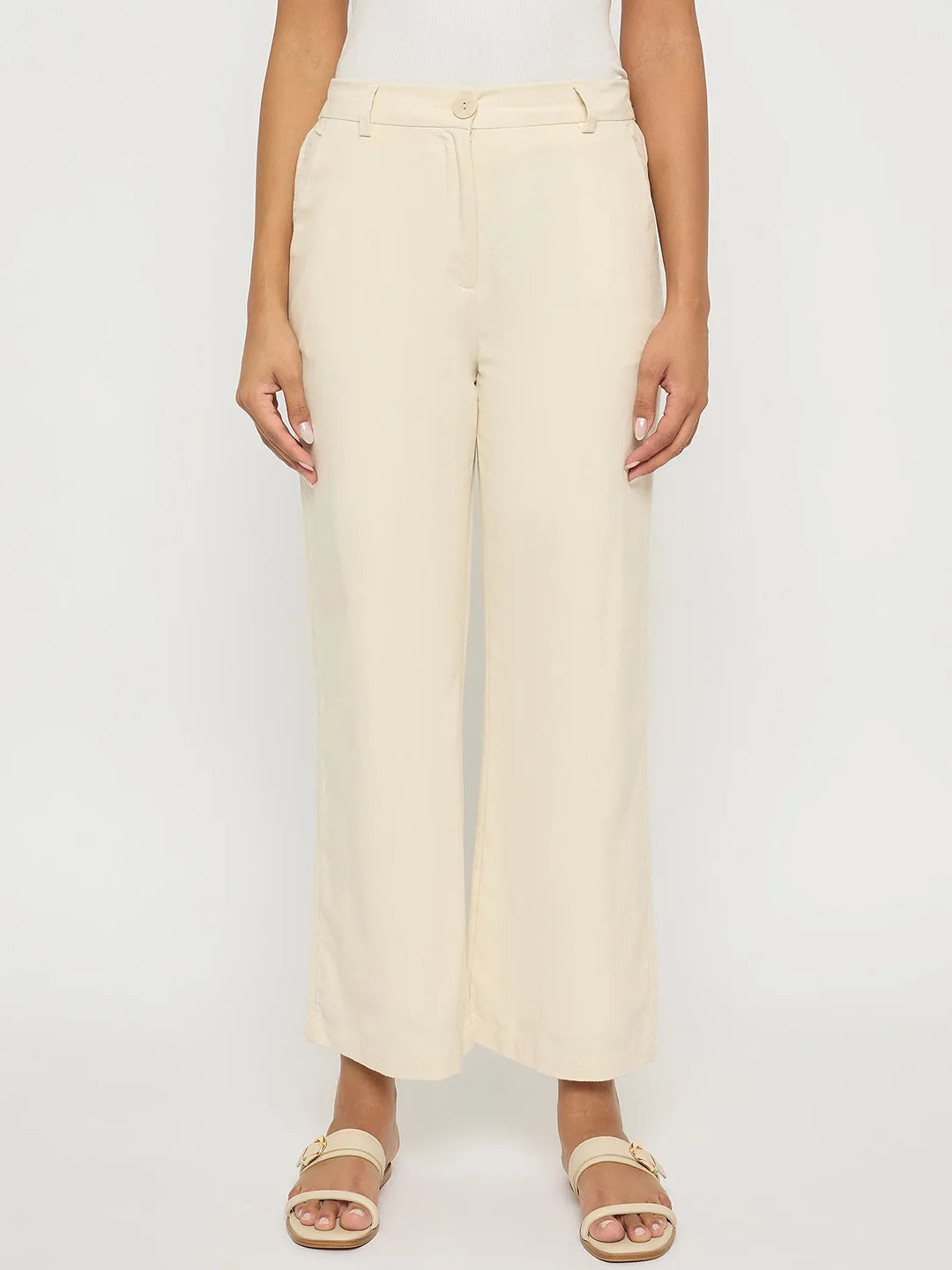 Tagless label Madame Solid Wide Leg Off White Rayon Blend Trousers