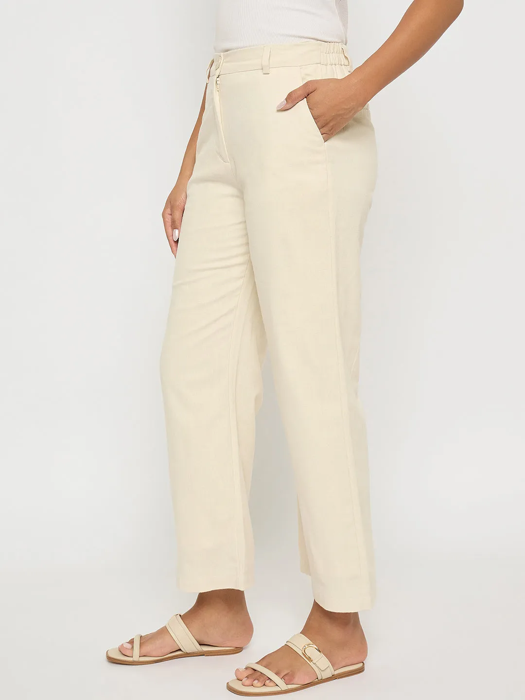Madame Solid Wide Leg Off White Rayon Blend Trousers Wool blend