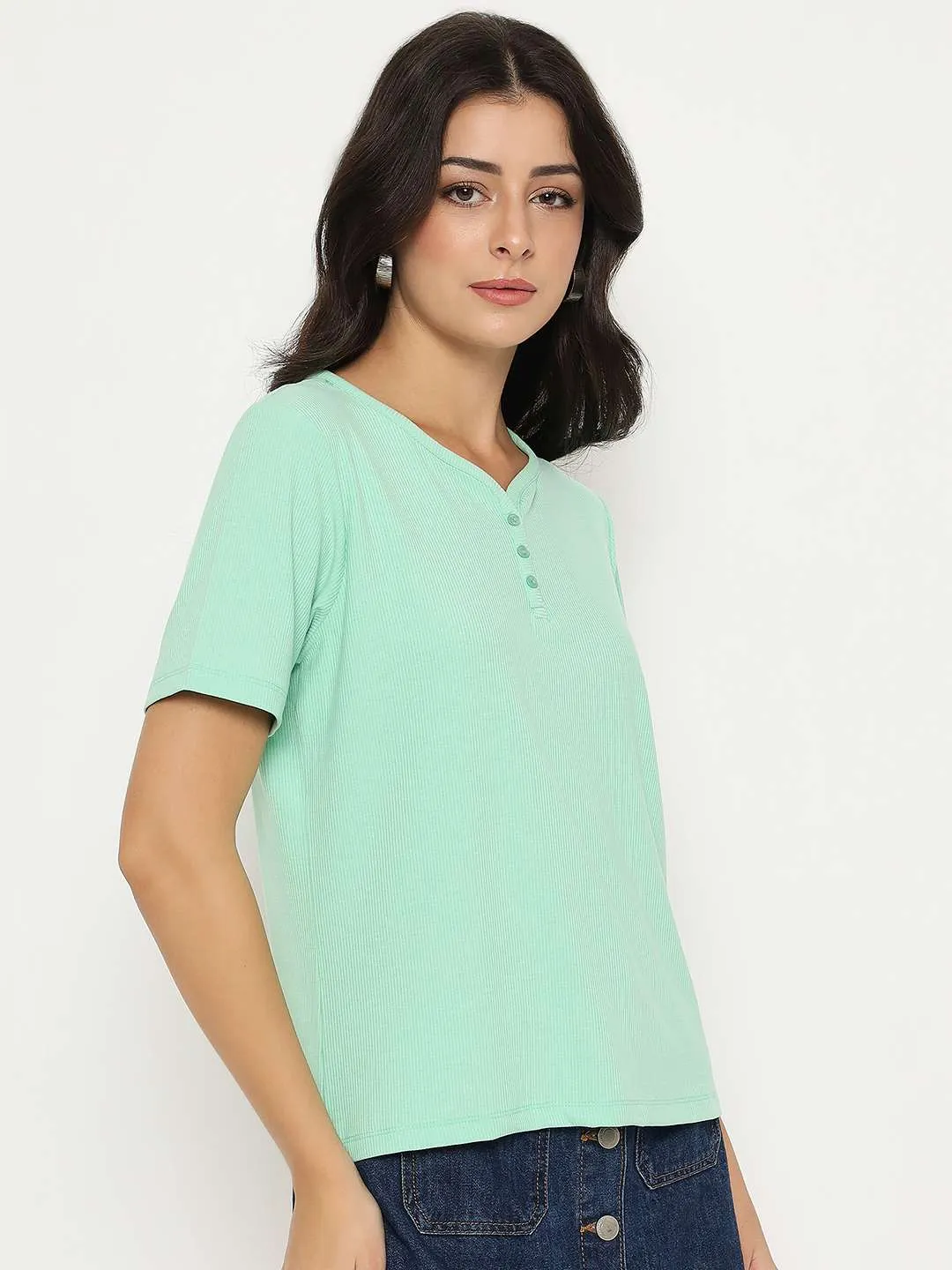 Madame Henley Neck Solid Green T-Shirt Seasonal Fashion