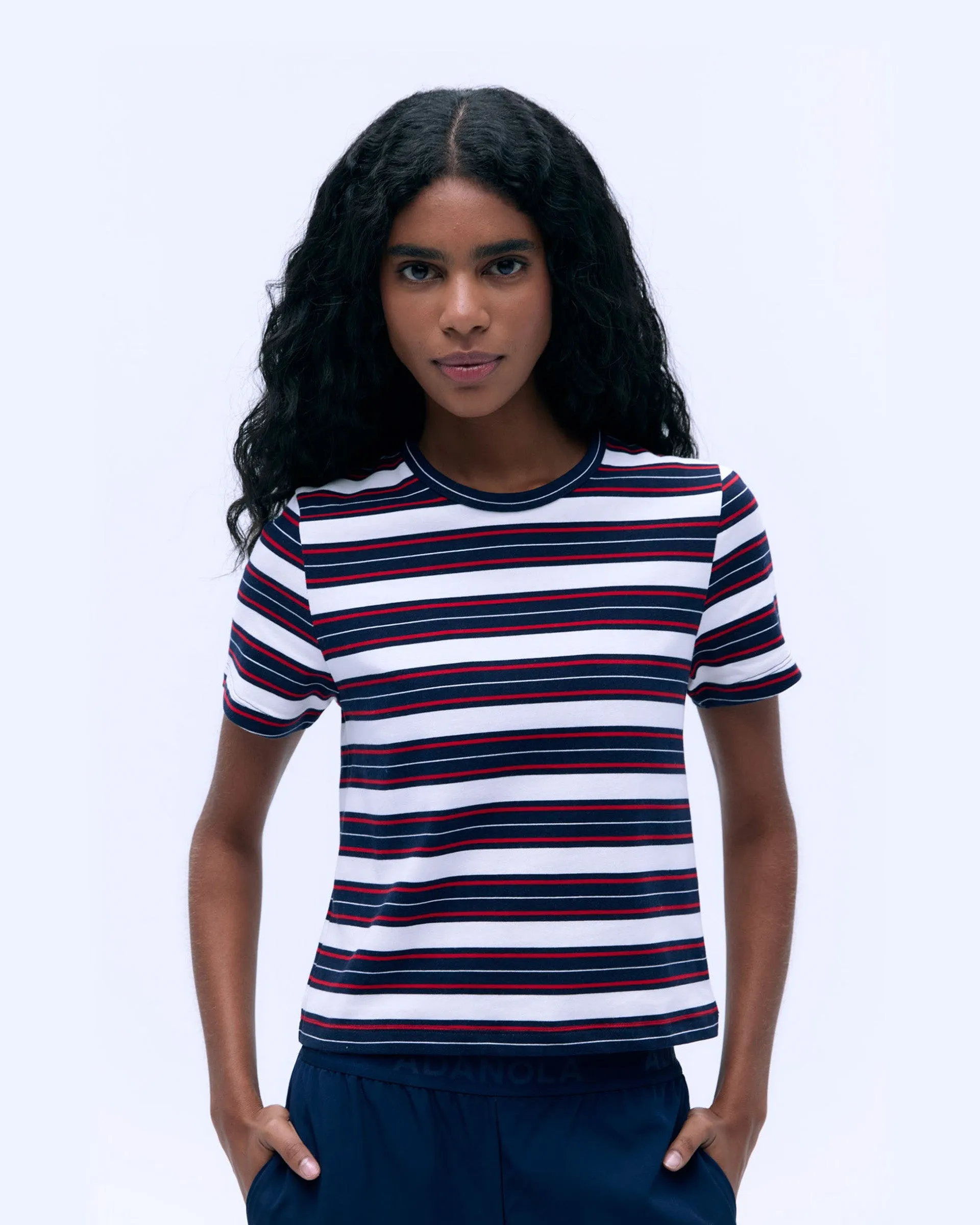 Stripe Short Sleeve Classic T-shirt - Navy Blue/Classic Red Odor Resistant Material