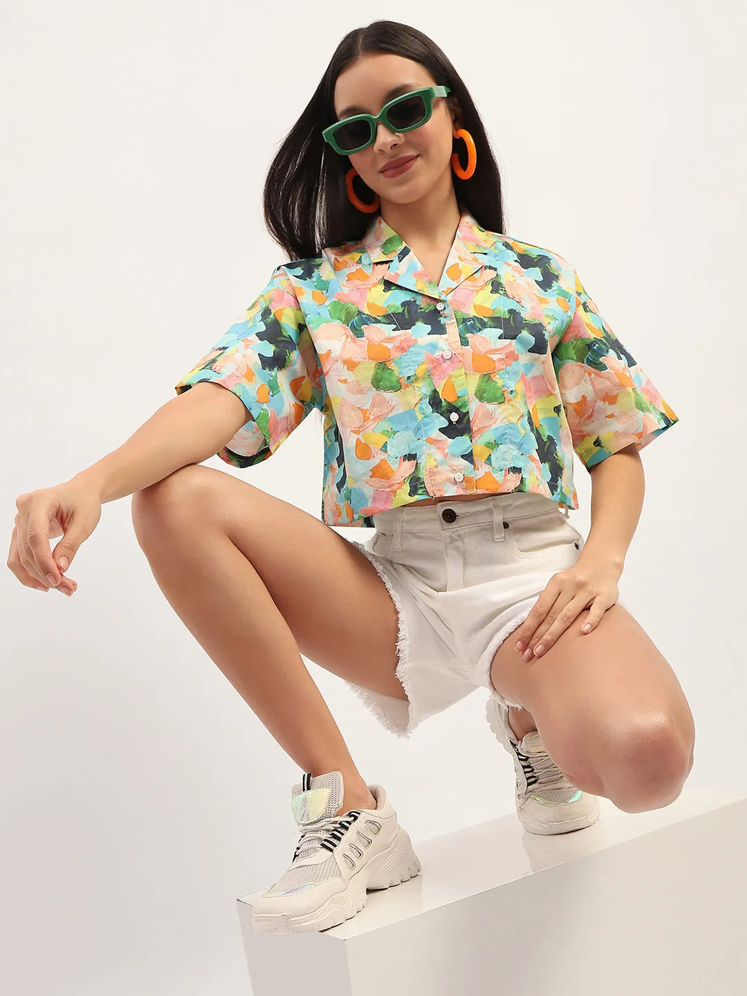 Madame Graphic Print Cotton Sky Blue Cropped Shirt Contrast Stitch Easy Wear