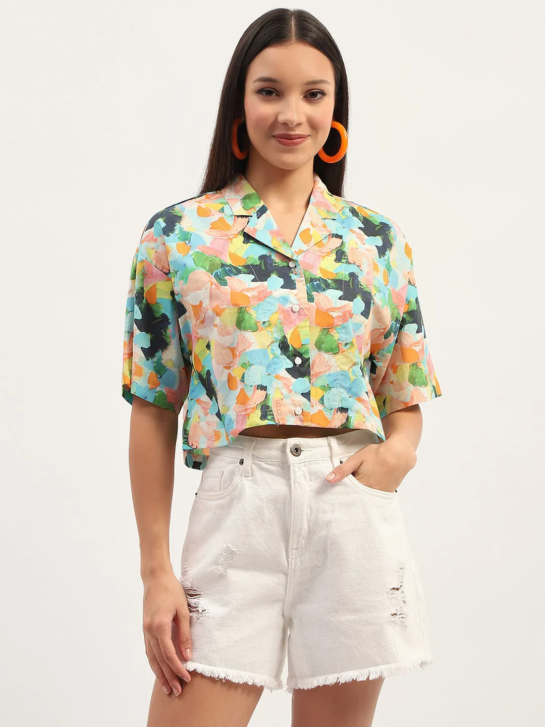 Tall Option Weekend Style Madame Graphic Print Cotton Sky Blue Cropped Shirt