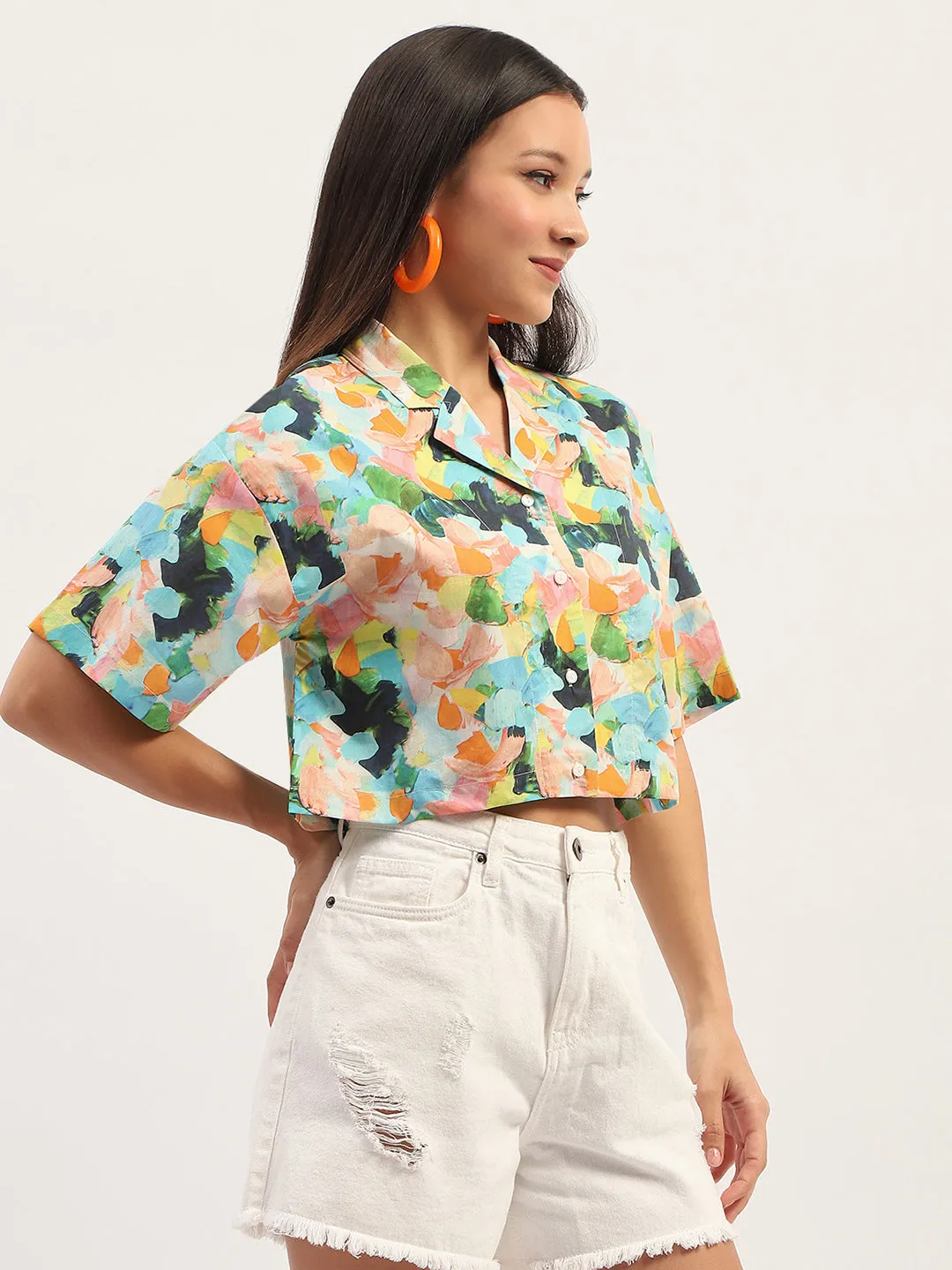 Madame Graphic Print Cotton Sky Blue Cropped Shirt Dressy look Water Repellent Finish