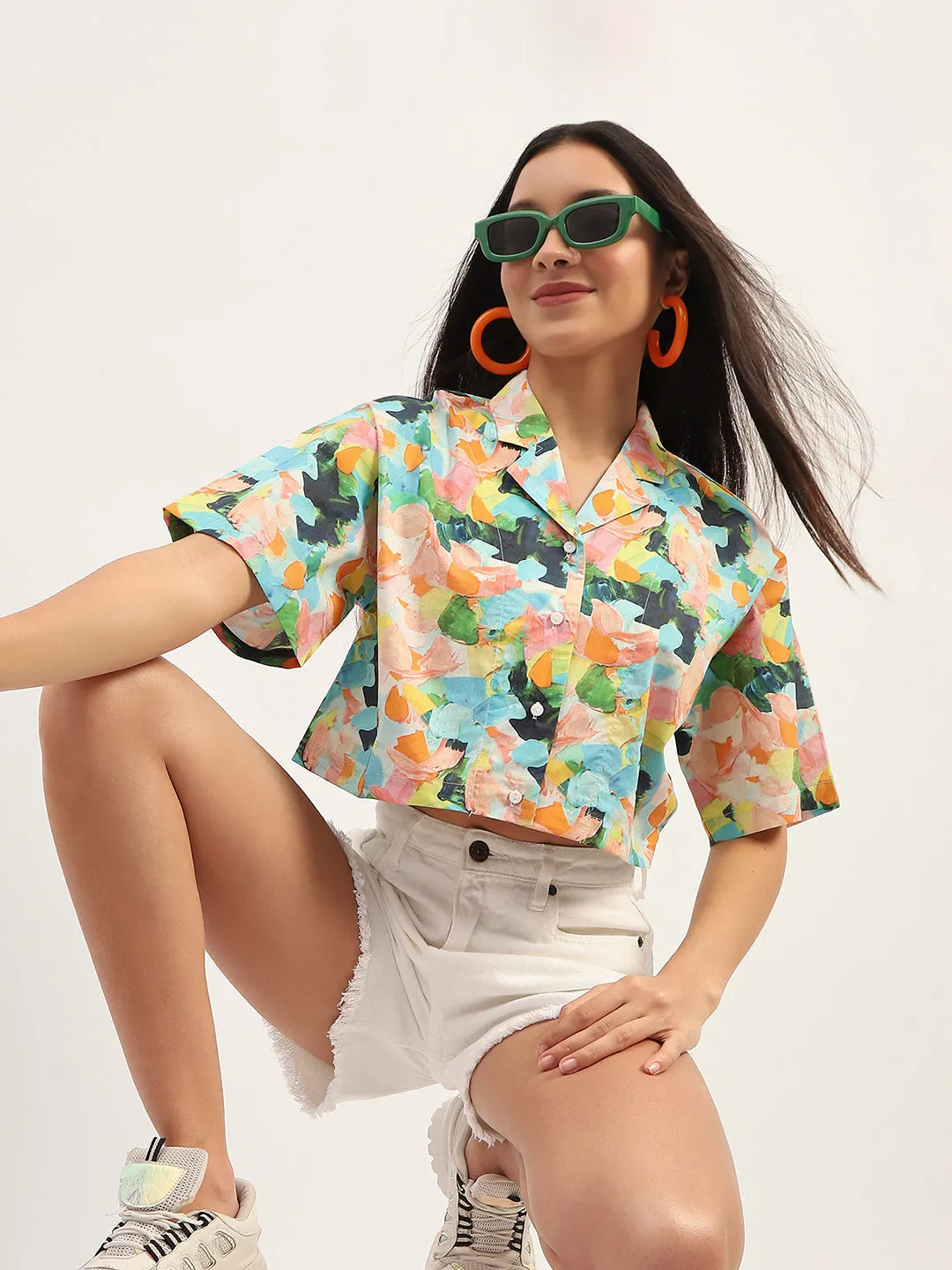 Madame Graphic Print Cotton Sky Blue Cropped Shirt Quality Material