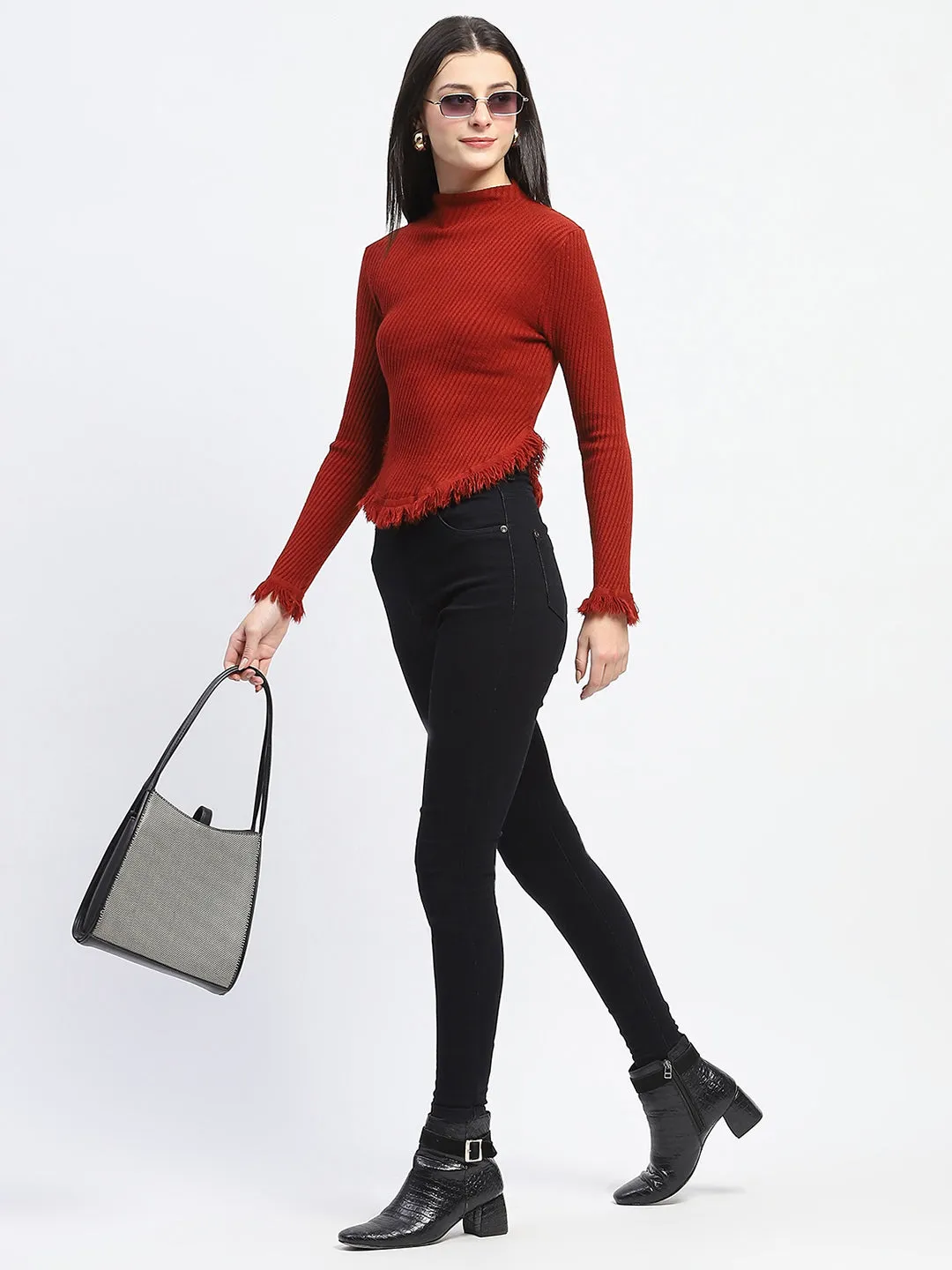 All Day Comfort Design Madame Fur Cuffs and Hem Rust Red Sweater