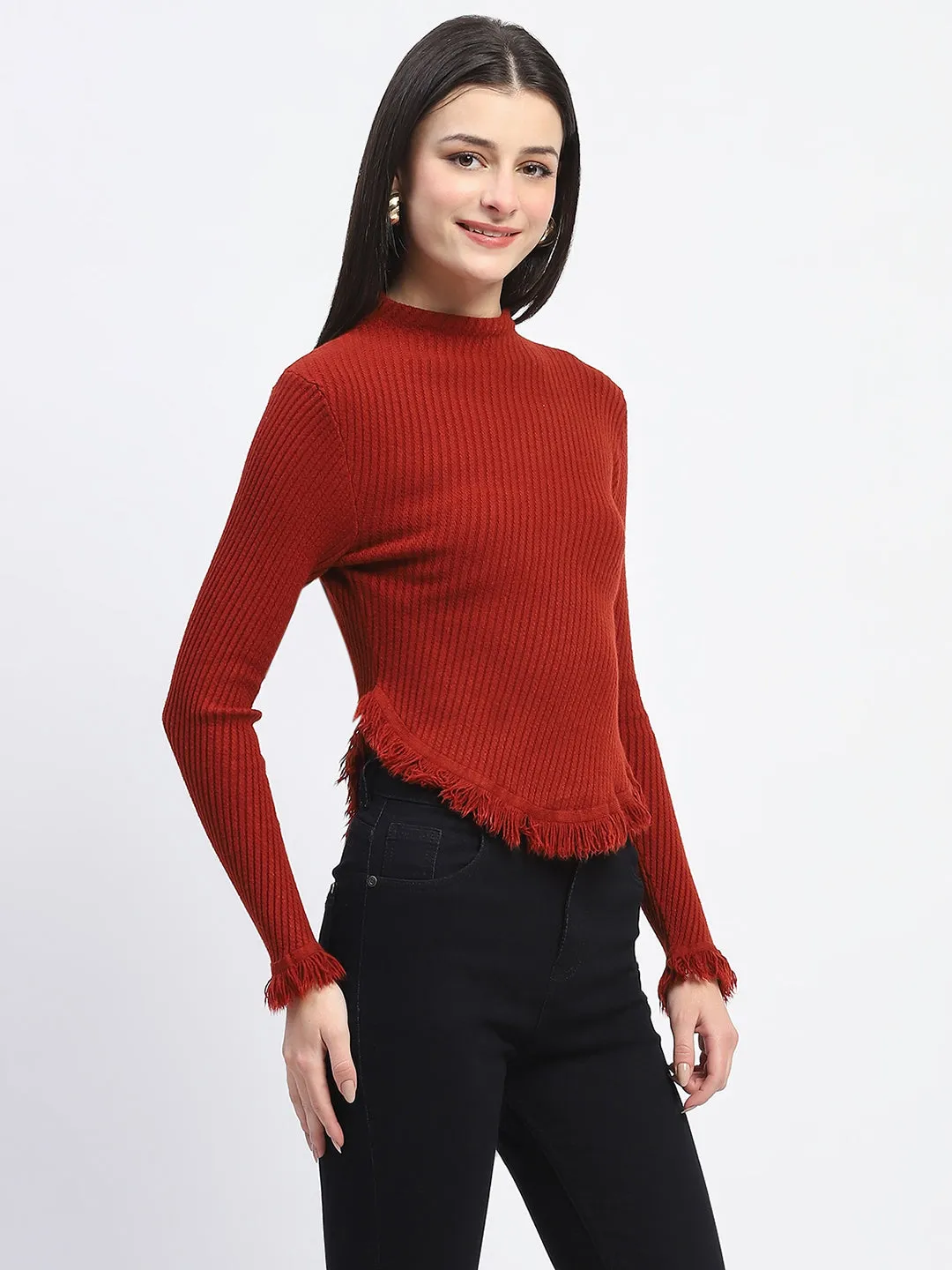 Sport Style Active Wear Fit Madame Fur Cuffs and Hem Rust Red Sweater