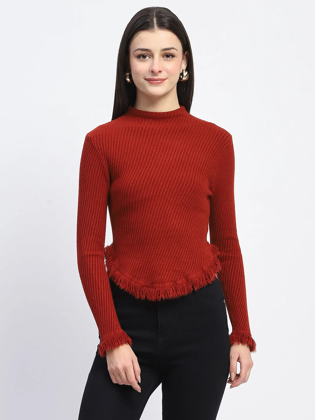 Relaxed Comfort Design Soft Touch Texture Madame Fur Cuffs and Hem Rust Red Sweater