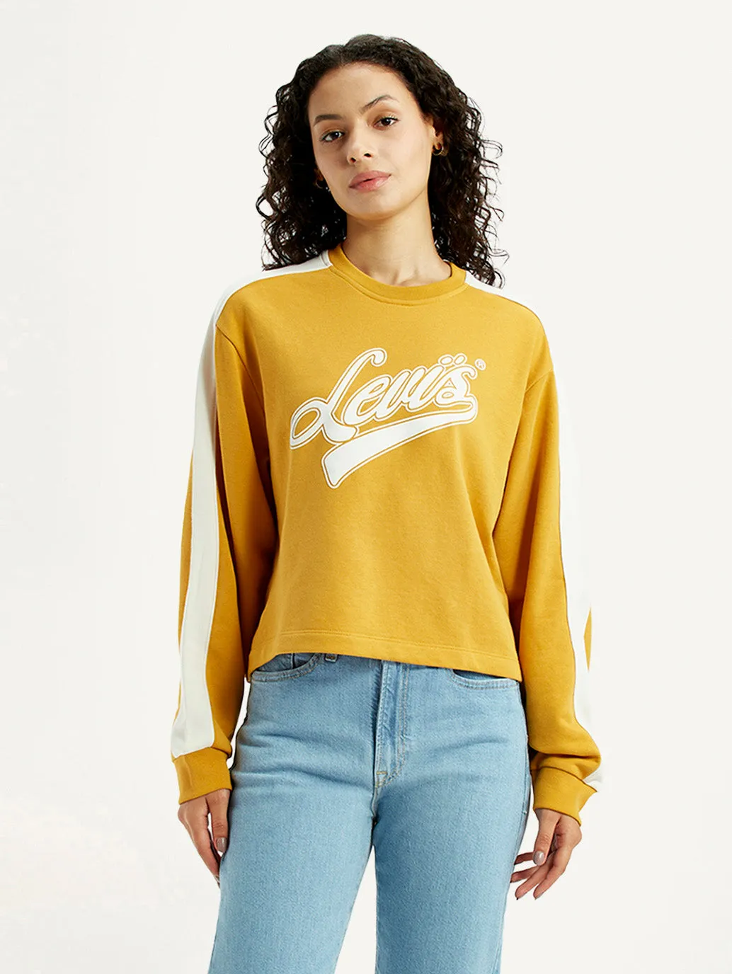 No pockets Trendy Look Women's Brand Logo Yellow Crew Neck Sweatshirt