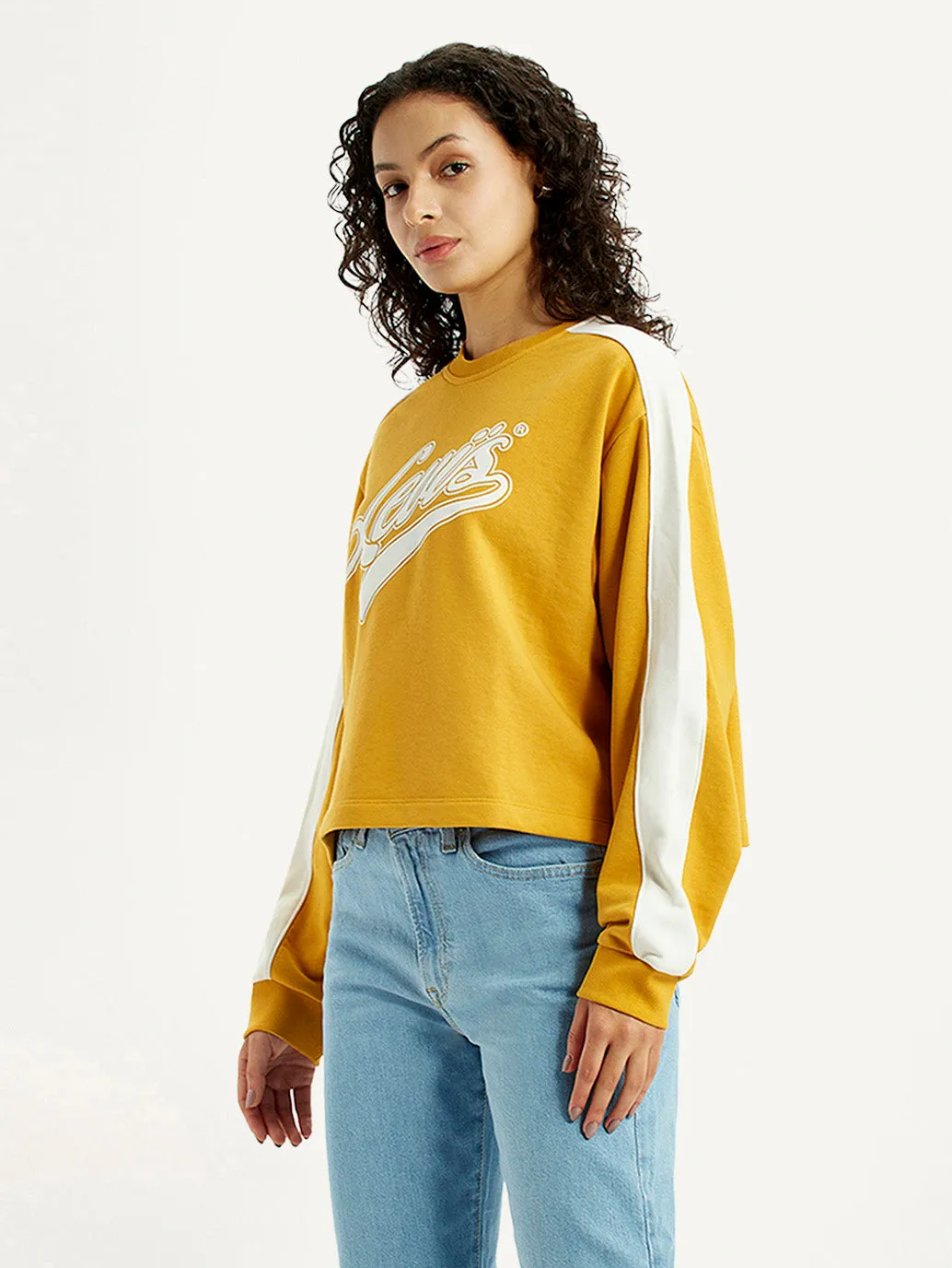 Women's Brand Logo Yellow Crew Neck Sweatshirt Layer Relaxed