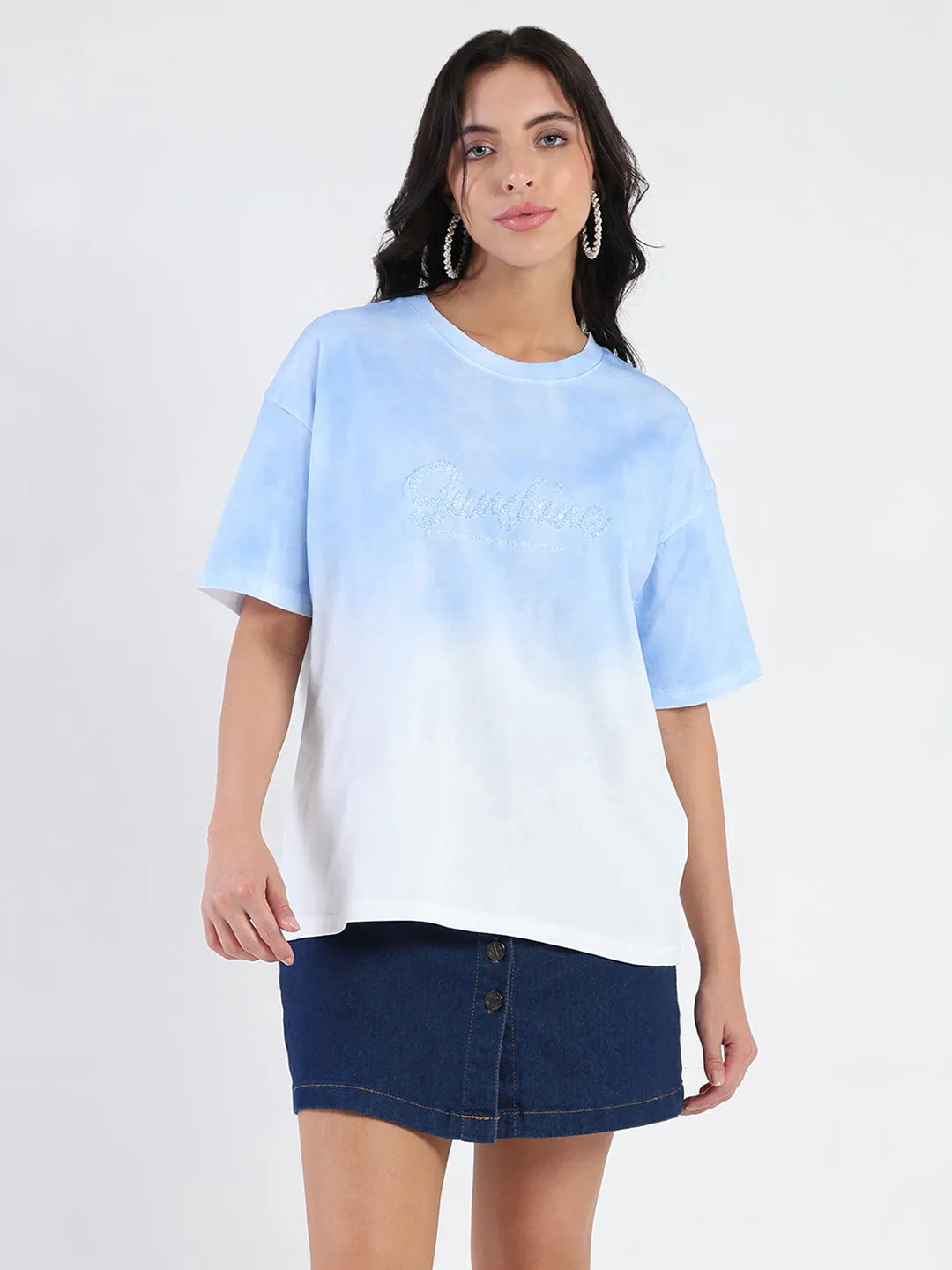Madame Ombre Loose Fit Sky Blue Oversize Cotton T-shirt Breathable Fit