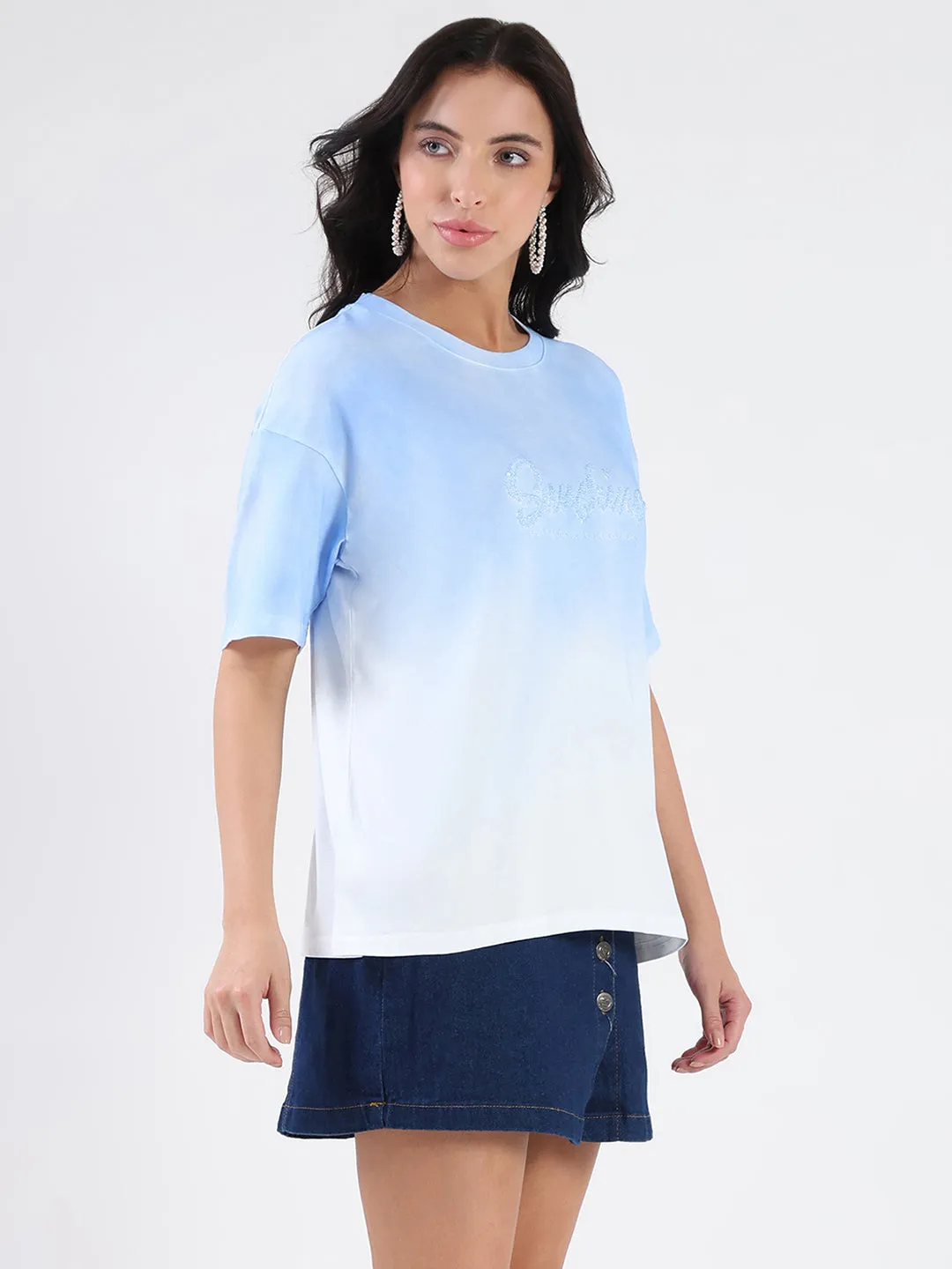 Madame Ombre Loose Fit Sky Blue Oversize Cotton T-shirt Vintage Wash