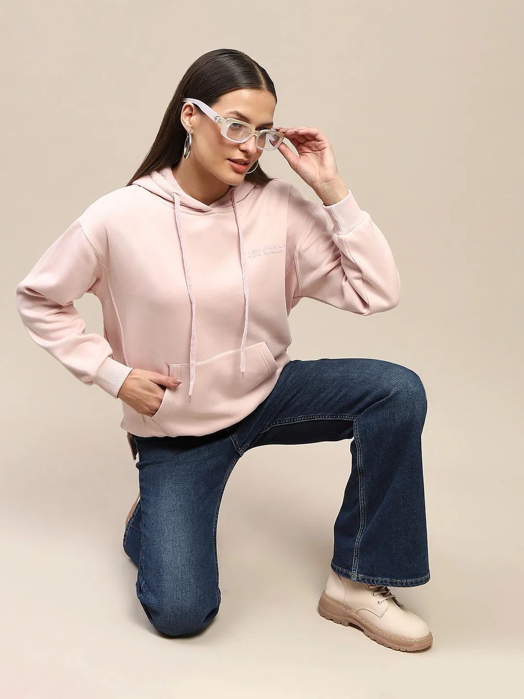 Sporty Fit Customer Satisfaction Madame Cotton Placement Print Hooded Dusty Pink Sweatshirt