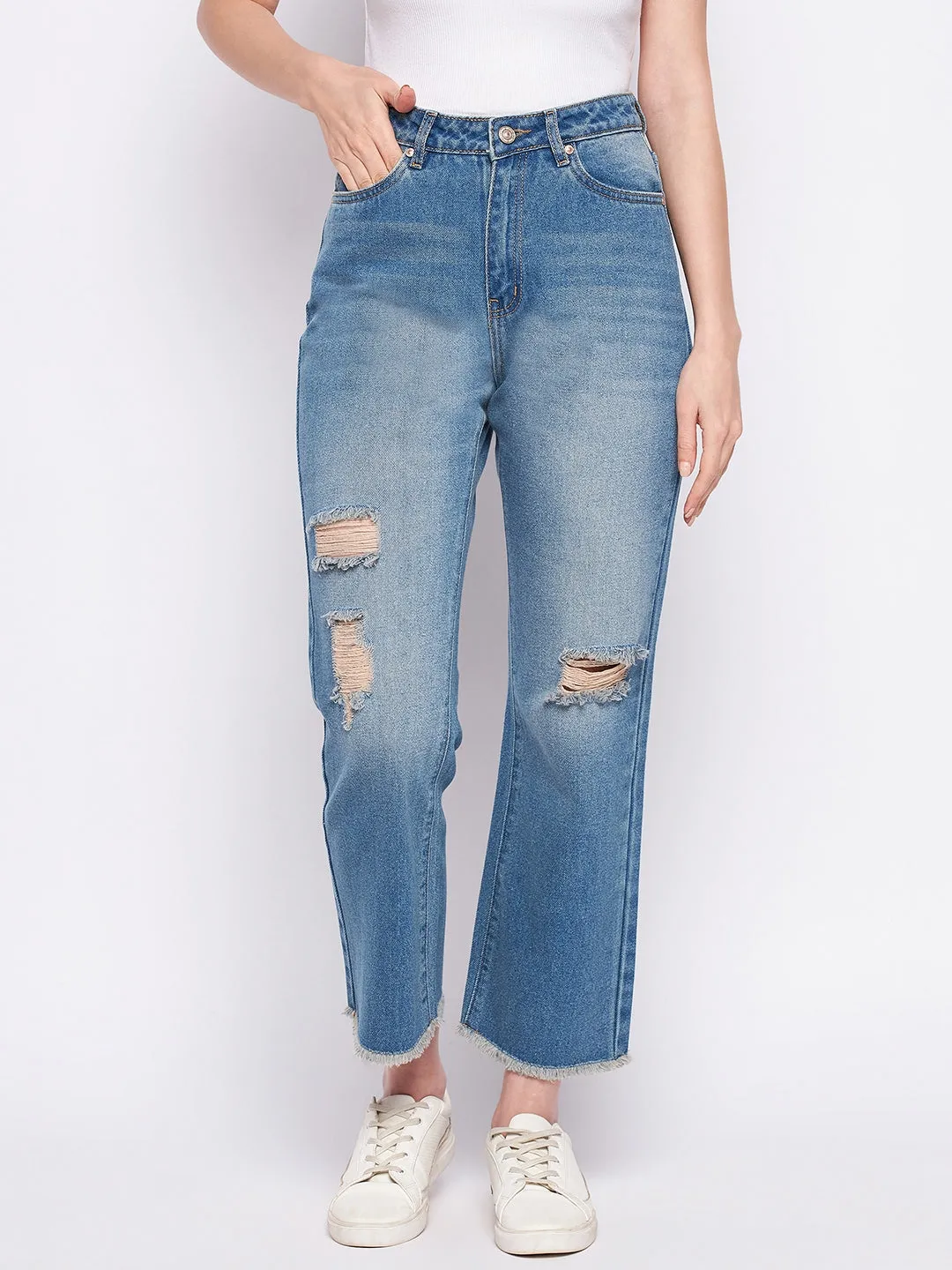 Fashionable Design Madame Ripped Mi-Rise Double Wash Flared Jeans