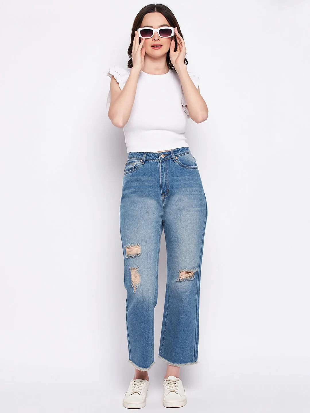 Madame Ripped Mi-Rise Double Wash Flared Jeans Comfy Design