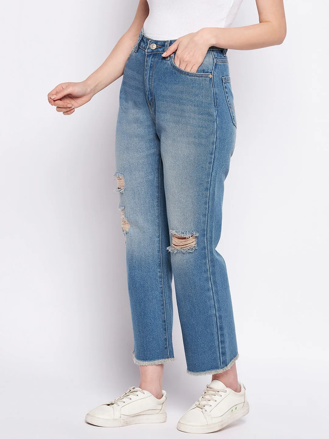 Madame Ripped Mi-Rise Double Wash Flared Jeans No Gap Waist Engineering