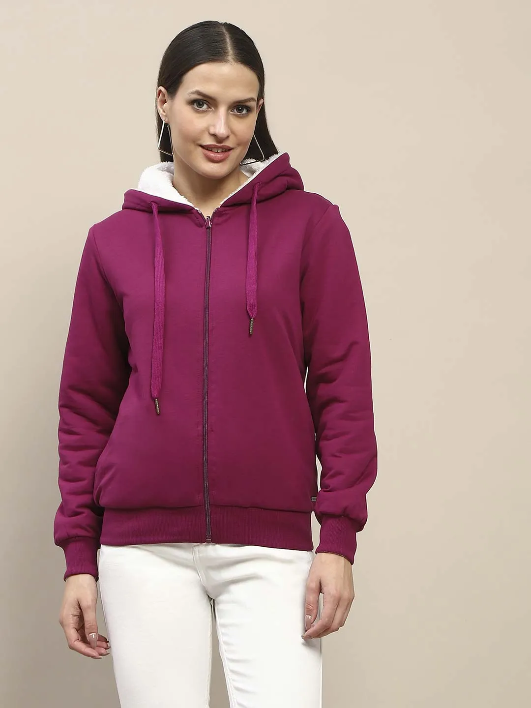Madame Fur Hood Metal Detailed Plum Zipped Sweatshirt fringe accents