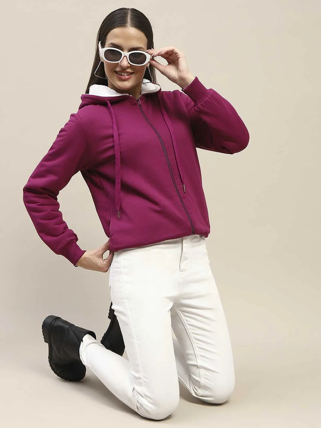 Classic Hoodie teens' Madame Fur Hood Metal Detailed Plum Zipped Sweatshirt