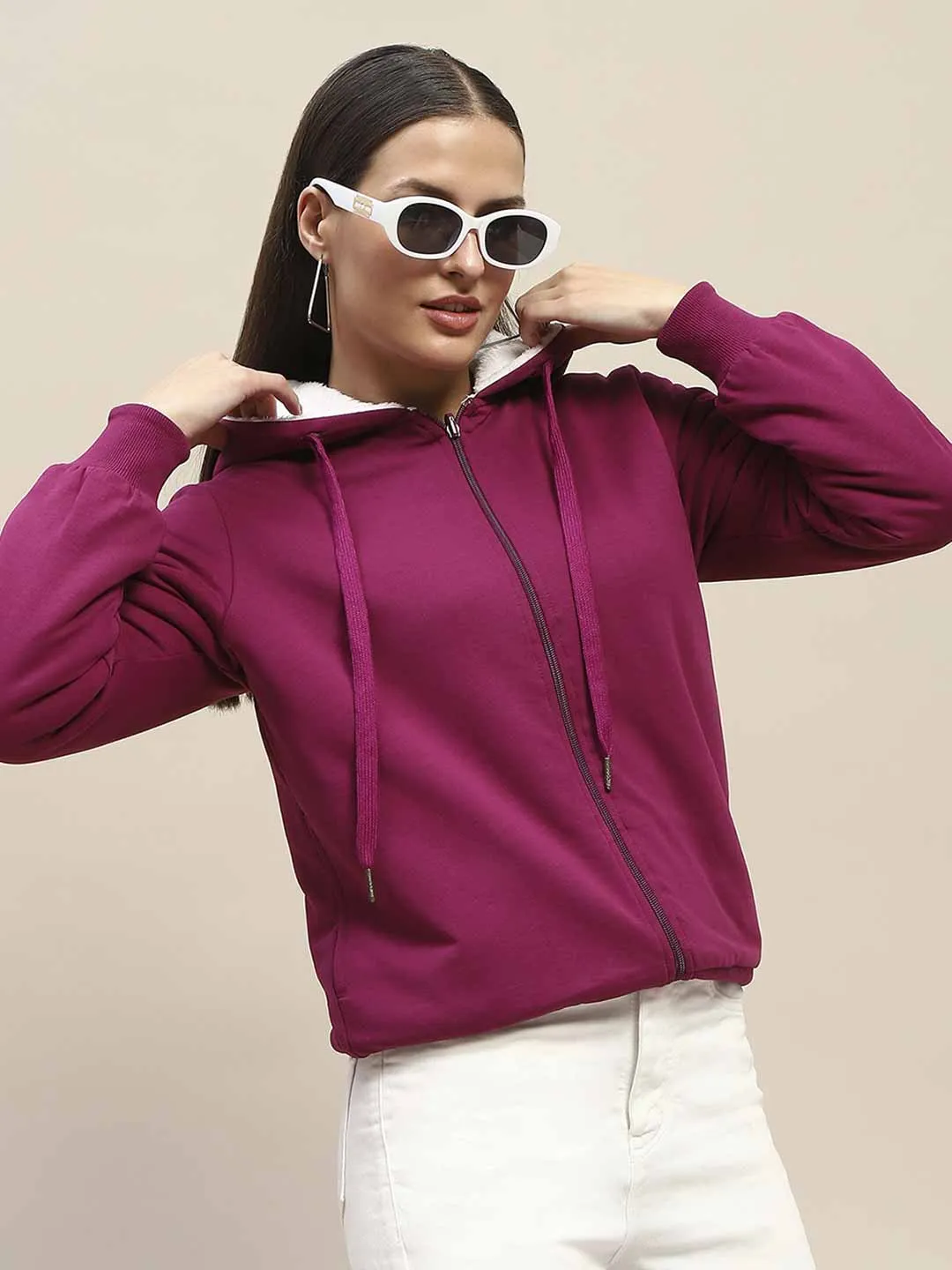 Madame Fur Hood Metal Detailed Plum Zipped Sweatshirt product twill durability